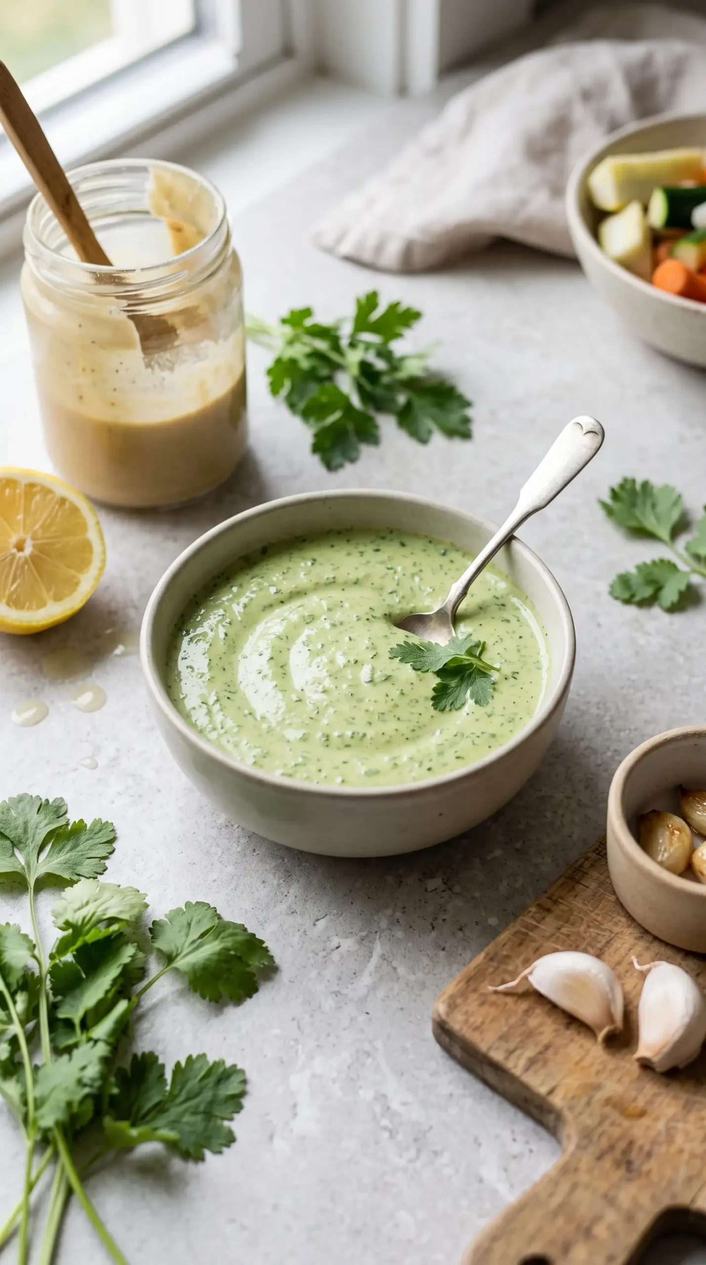 Green tahini sauce with herbs, lemon, garlic, and tahini in a bowl