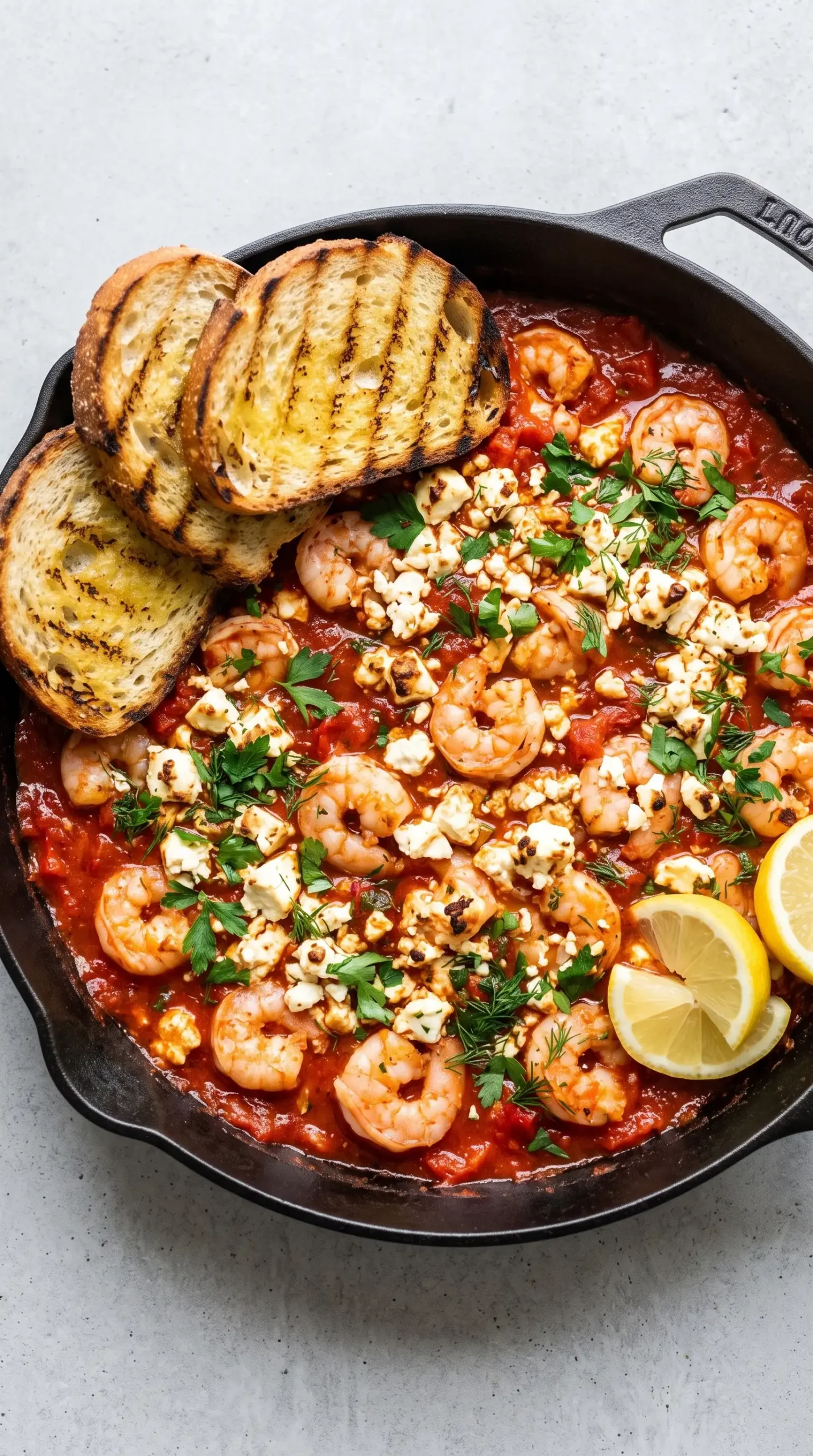 Baked shrimp with feta served with grilled sourdough bread for dipping