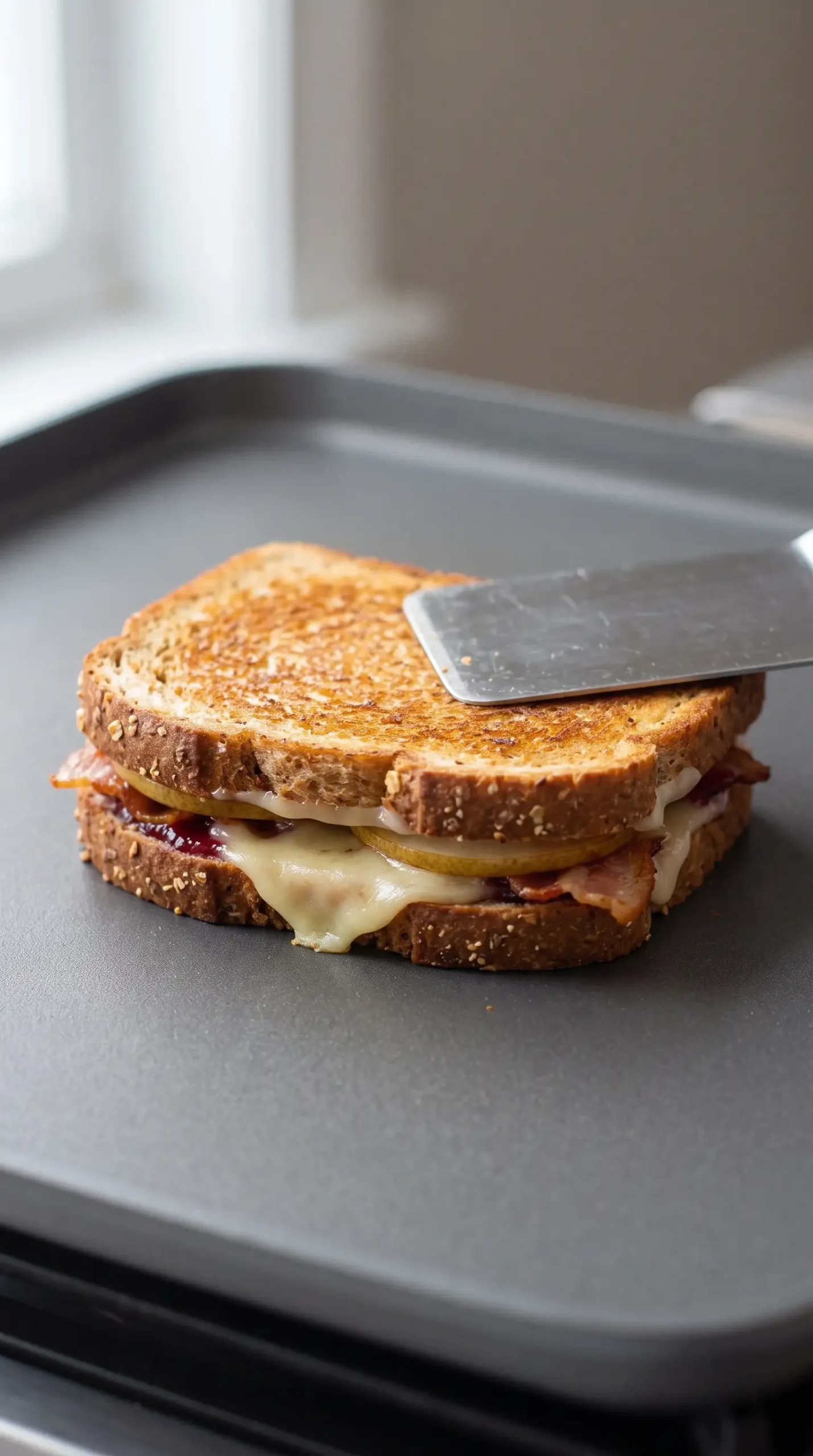 Bacon pear grilled cheese sandwich toasting on a griddle with golden wheat bread
