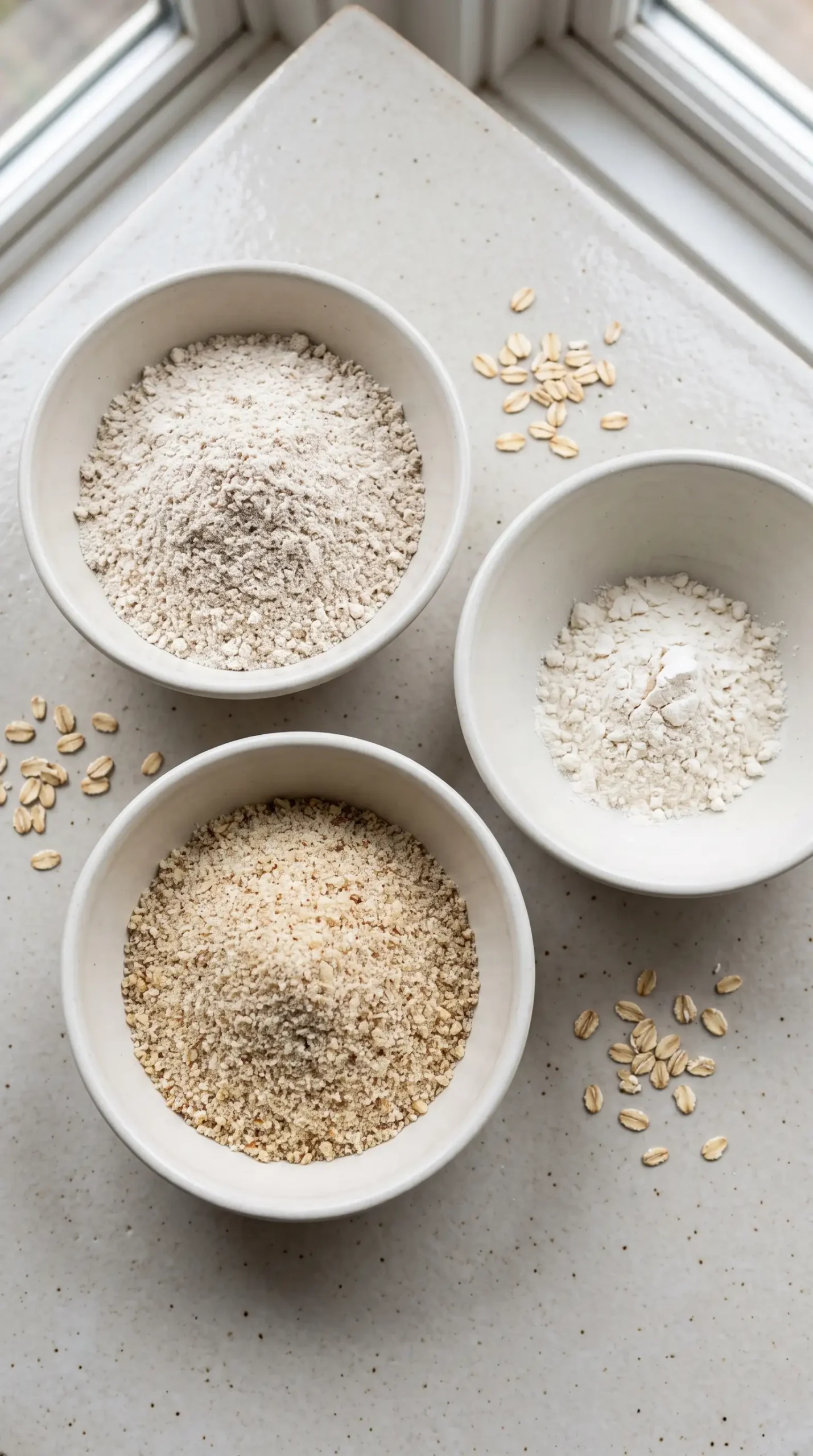 Ground oats, almond meal, and flour prepared for almond oat crepe batter