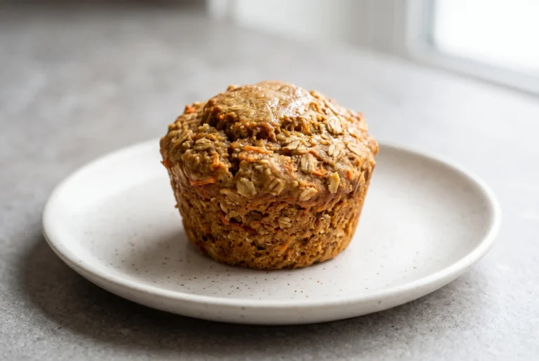 Healthy carrot muffin with rolled oats and cinnamon on a ceramic plate