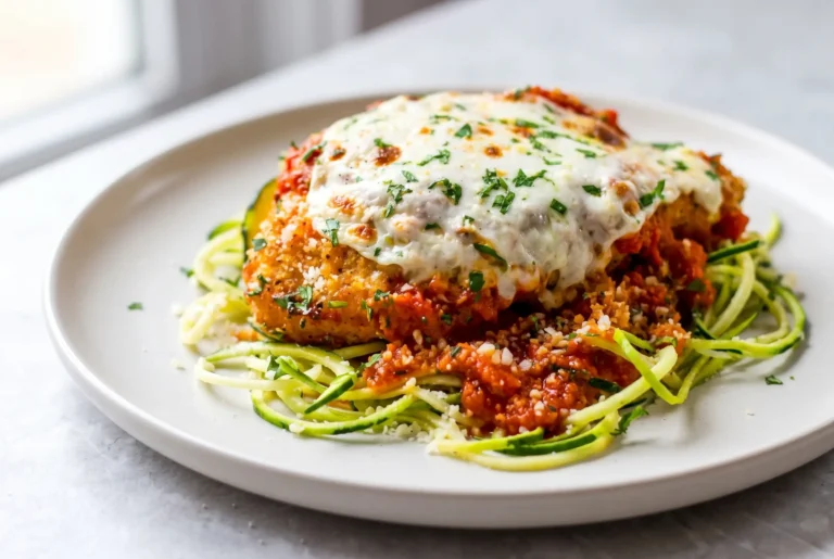 Healthy chicken parmesan with tomato sauce, melted mozzarella, and zucchini noodles on a plate