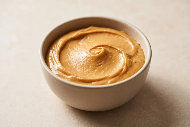 Homemade peanut butter in a bowl with a smooth creamy texture from dry roasted peanuts