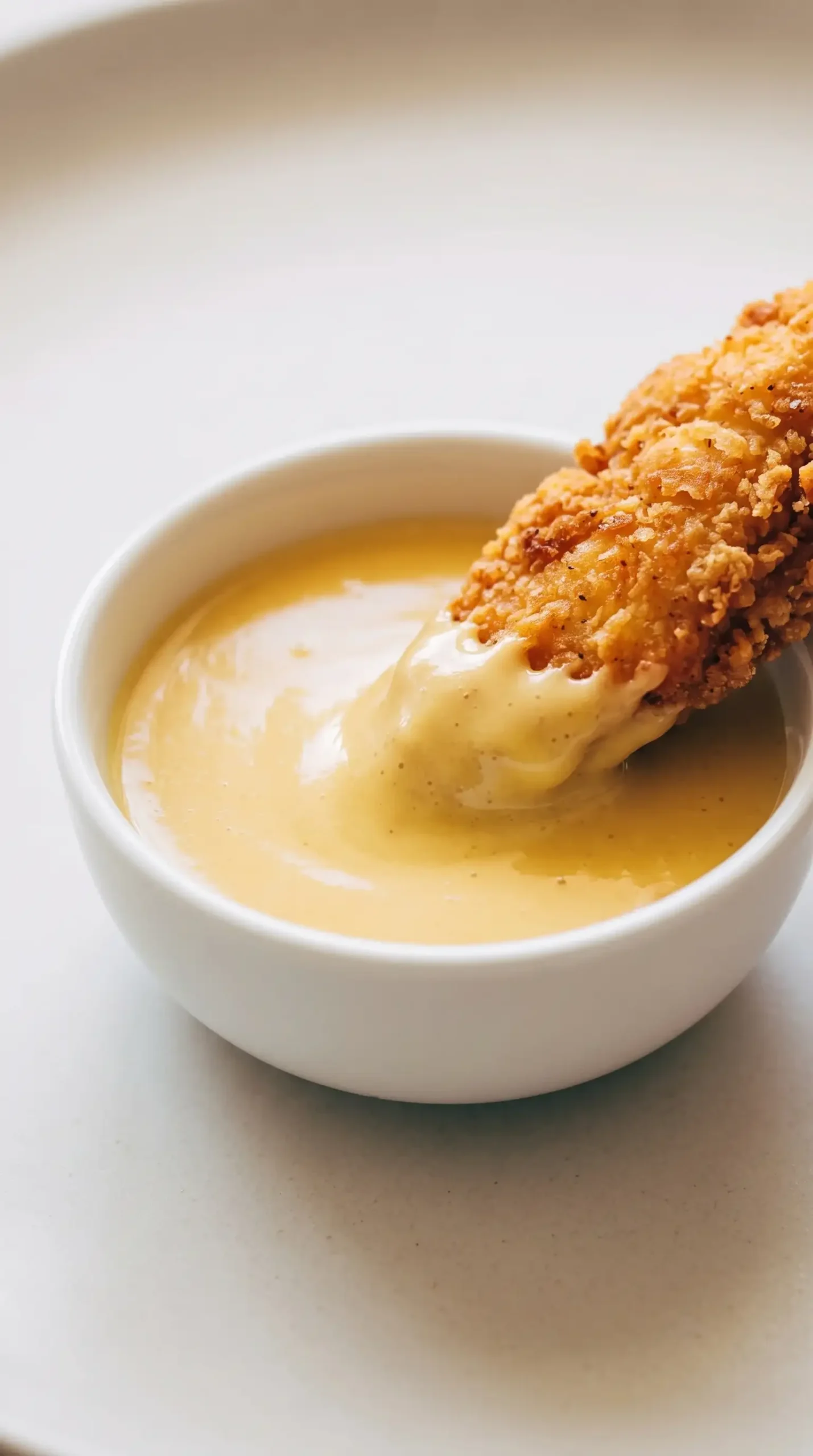 Smooth honey mustard dipping sauce served beside a food item for dipping