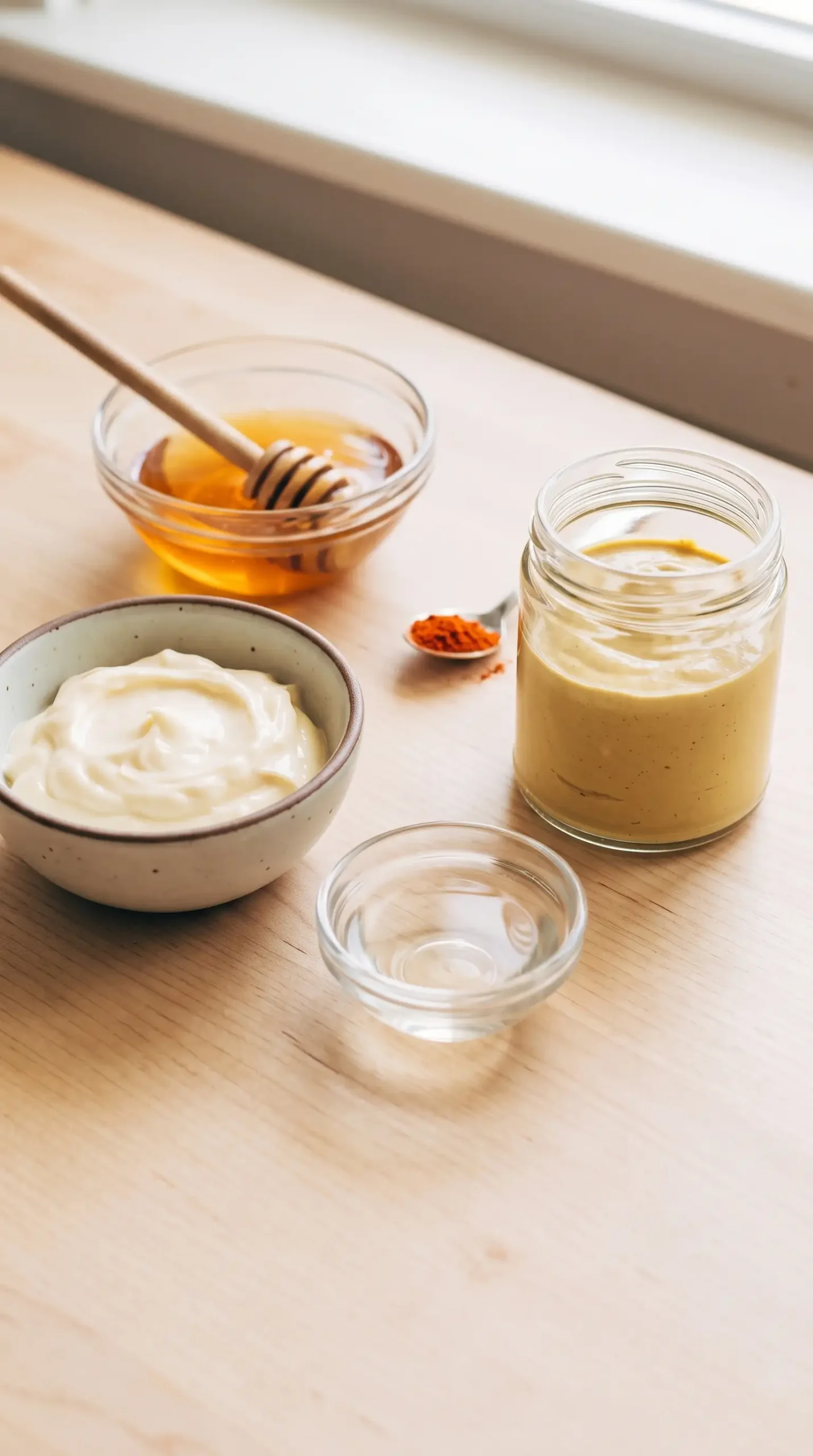 Honey, mayonnaise, Dijon mustard, vinegar, and cayenne arranged for sauce preparation