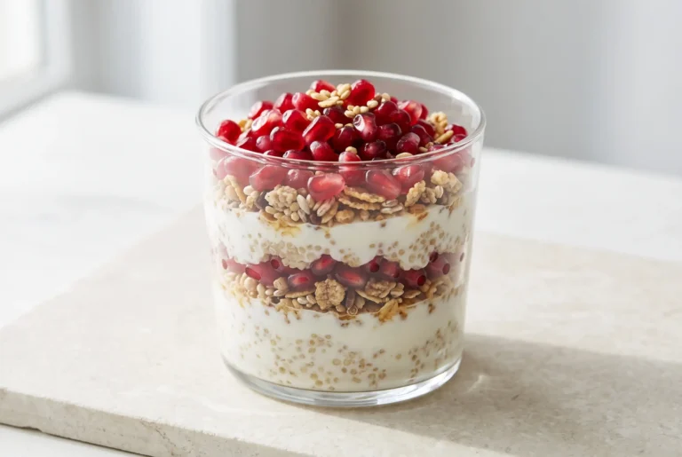 Honey yogurt quinoa parfait with yogurt, quinoa, cereal, and pomegranate layers in a glass