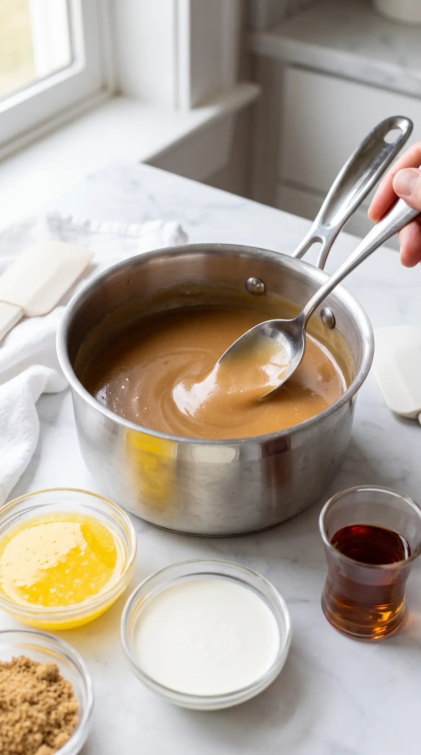Smooth hot butter rum sauce being stirred in a saucepan