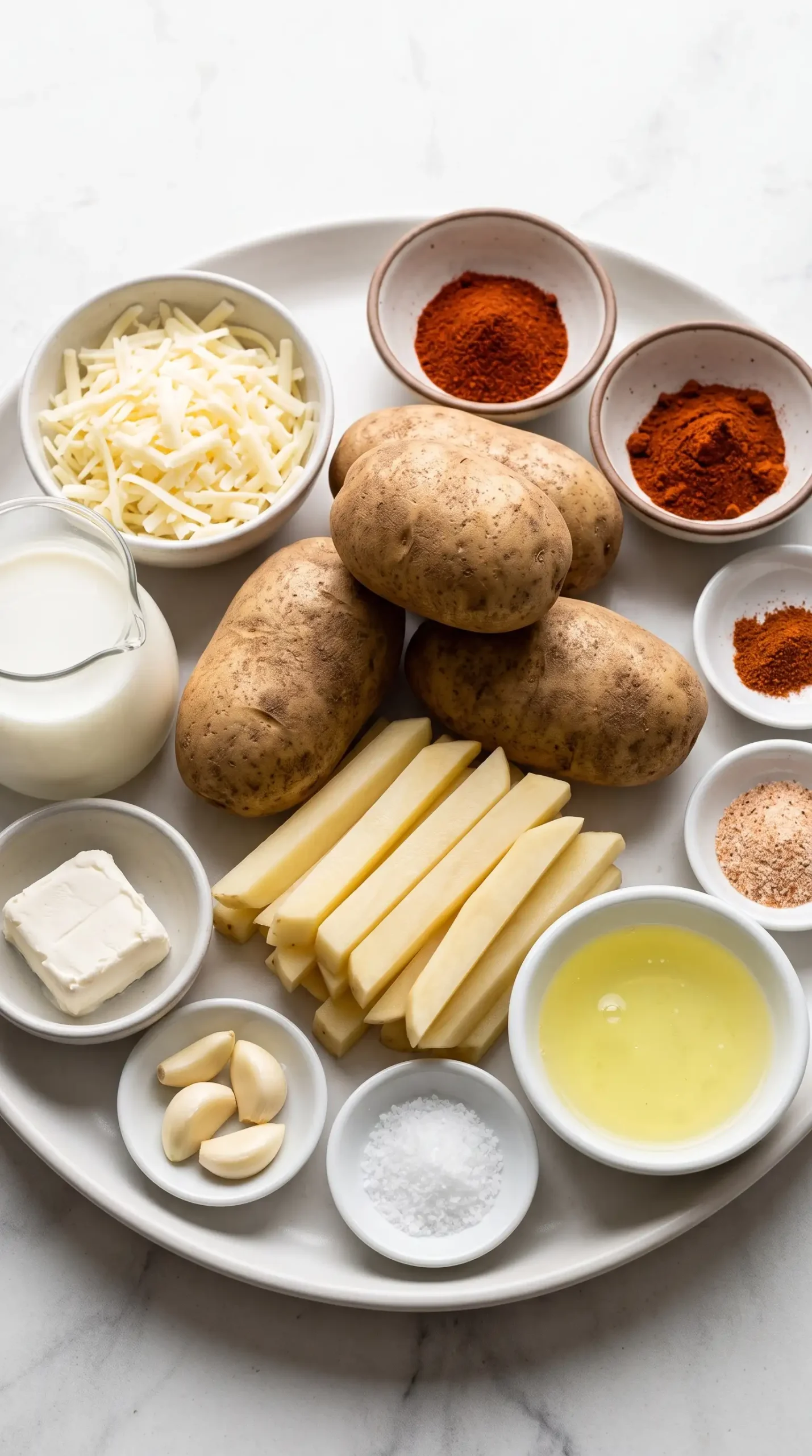 Idaho potatoes and raw fry strips with spices and sauce ingredients prepared for baking