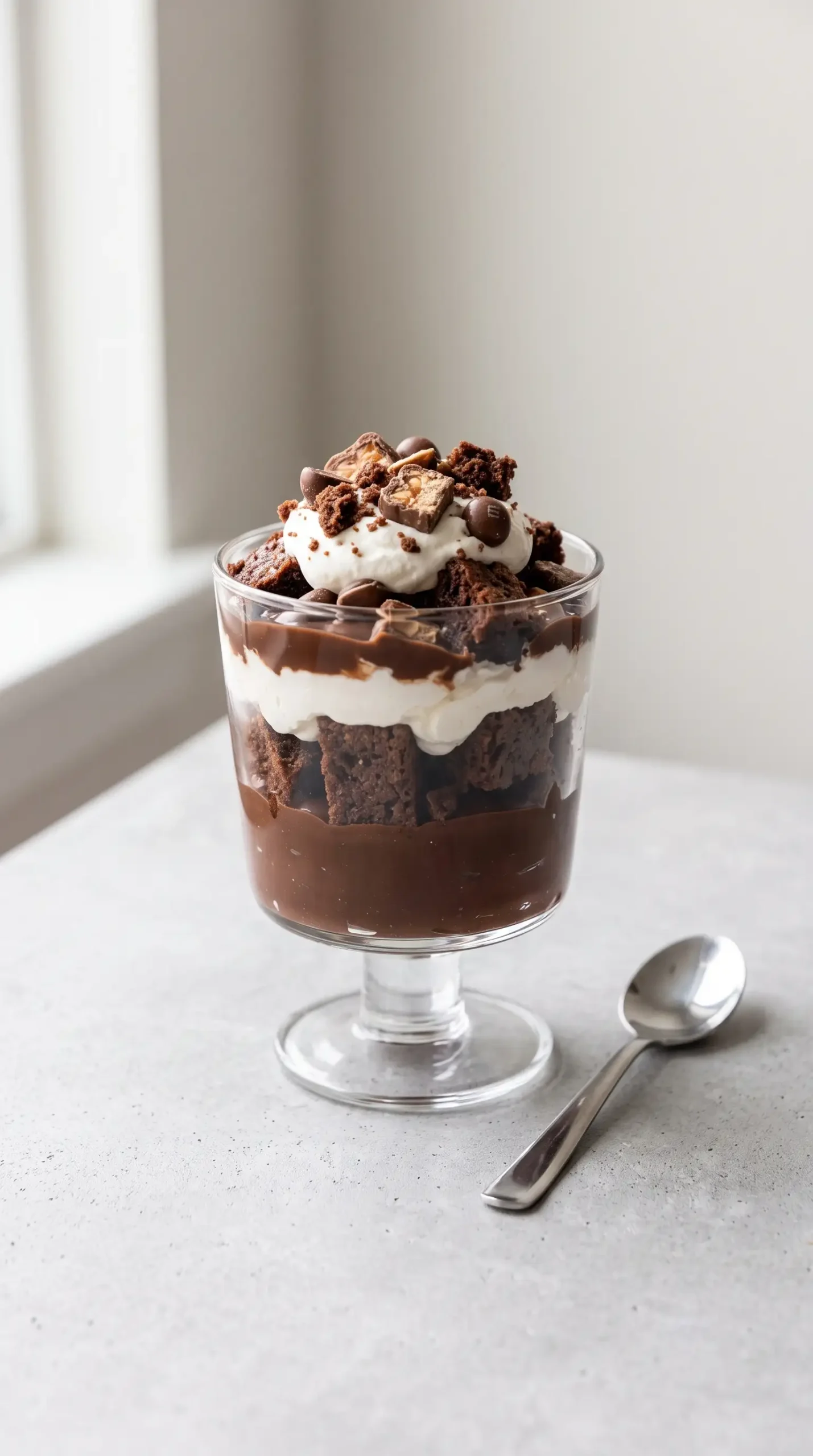 Individual serving of brownie fudge trifle with chocolate pudding, cream, brownies, and candy