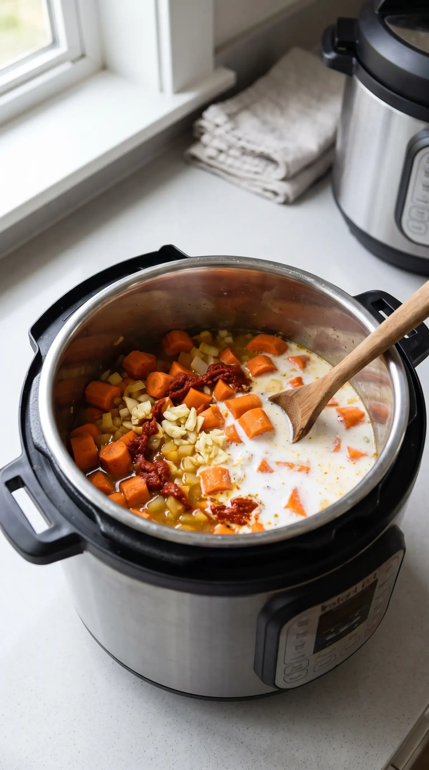 Instant Pot filled with carrots, coconut milk, broth, and curry paste for carrot soup