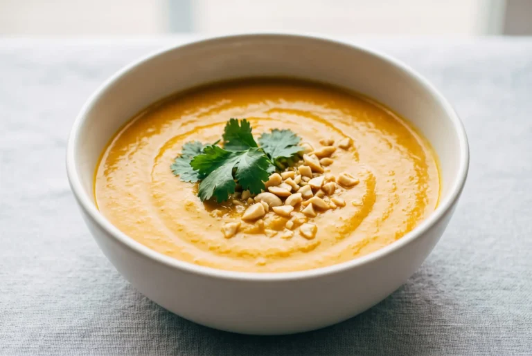 Bowl of smooth carrot soup with coconut milk, curry, cilantro, and crushed peanuts