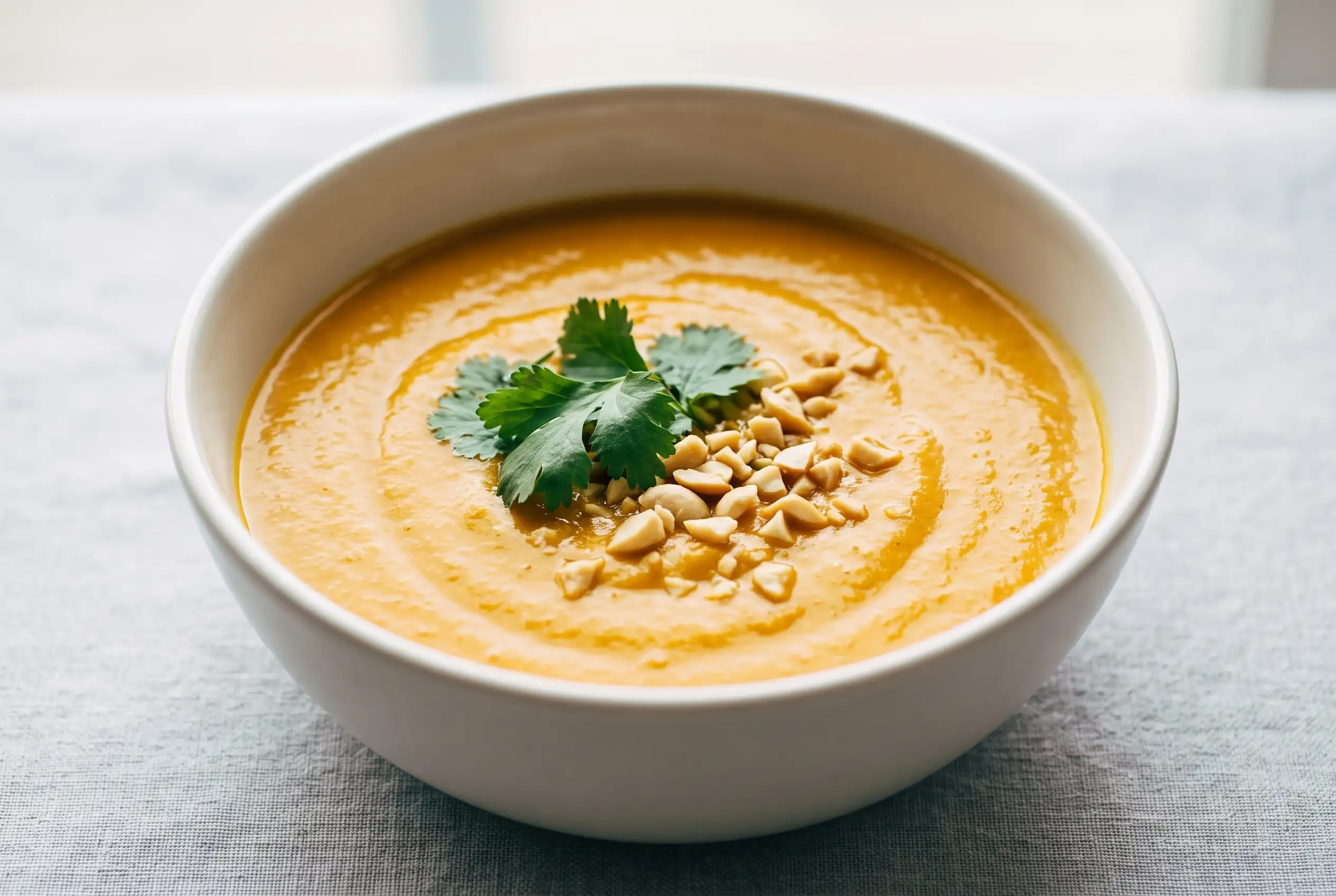 Bowl of smooth carrot soup with coconut milk, curry, cilantro, and crushed peanuts