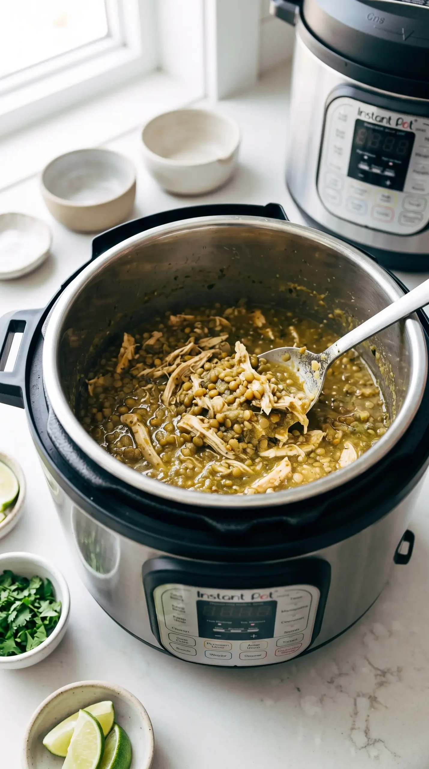 Instant Pot with shredded chicken, lentils, and salsa verde mixture being stirred