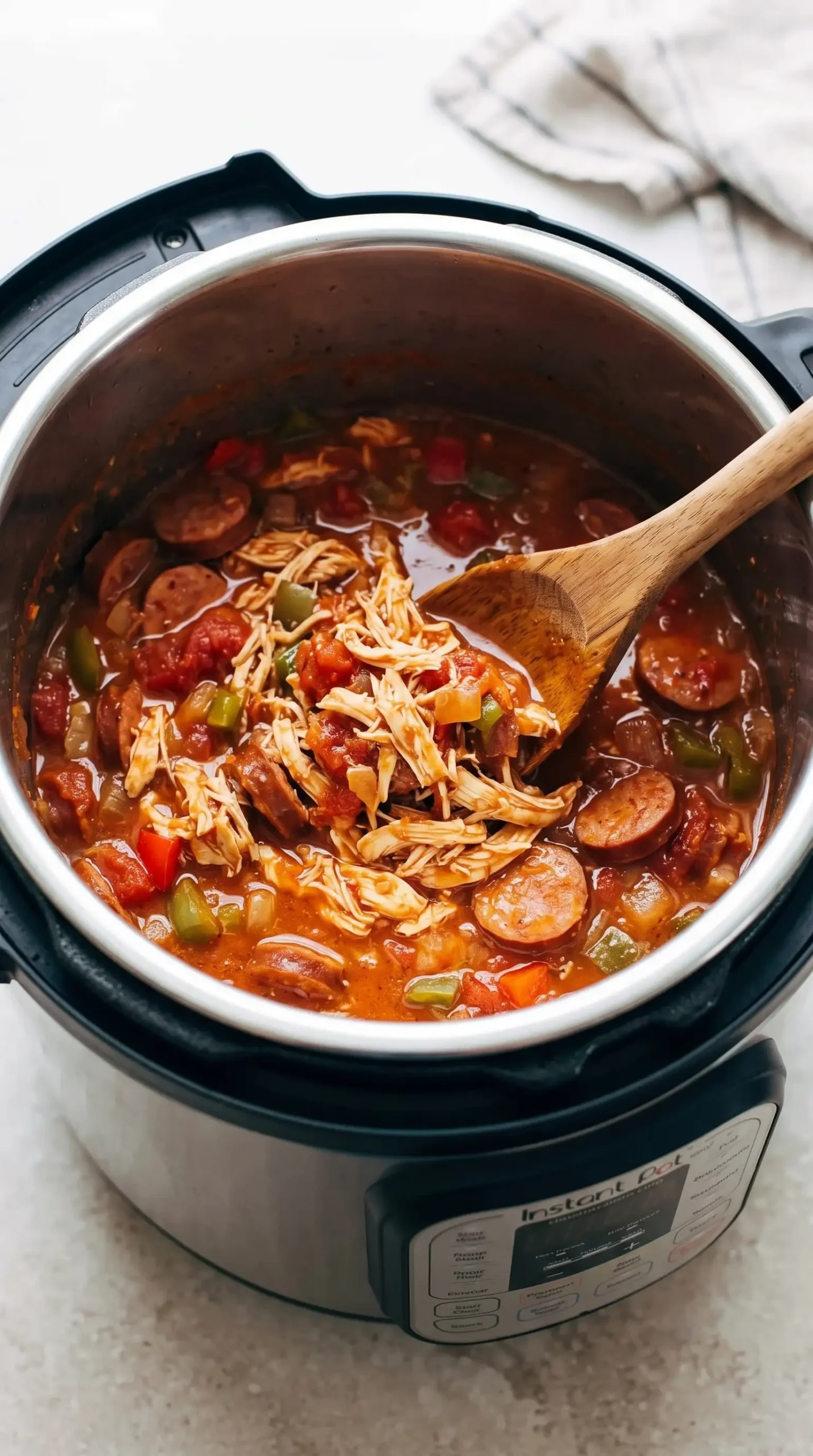 Shredded chicken and Andouille sausage stirred into tomato sauce in an Instant Pot