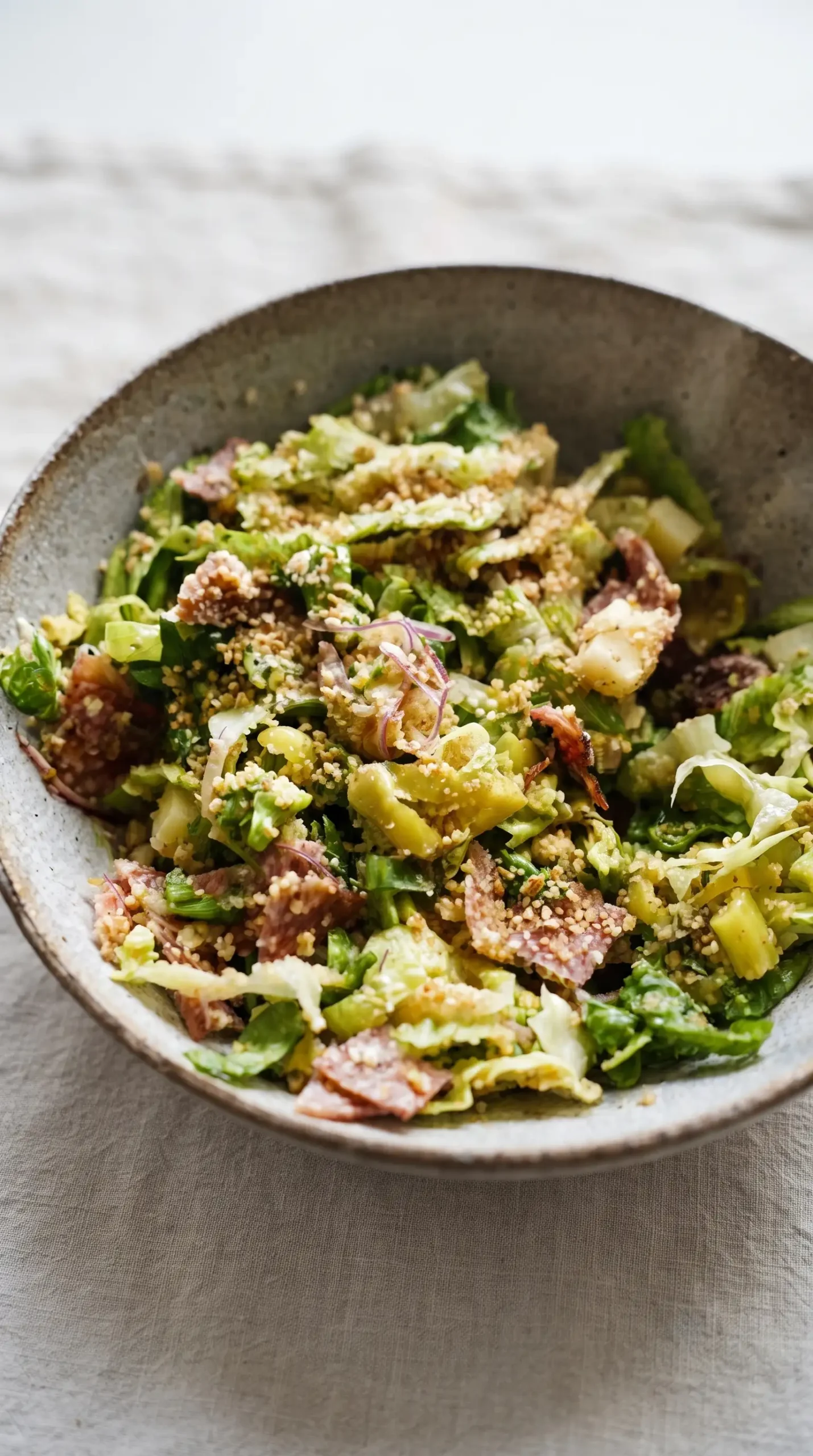Chopped Italian salad with salami, Provolone, pepperoncini, romaine, and crunchy panko