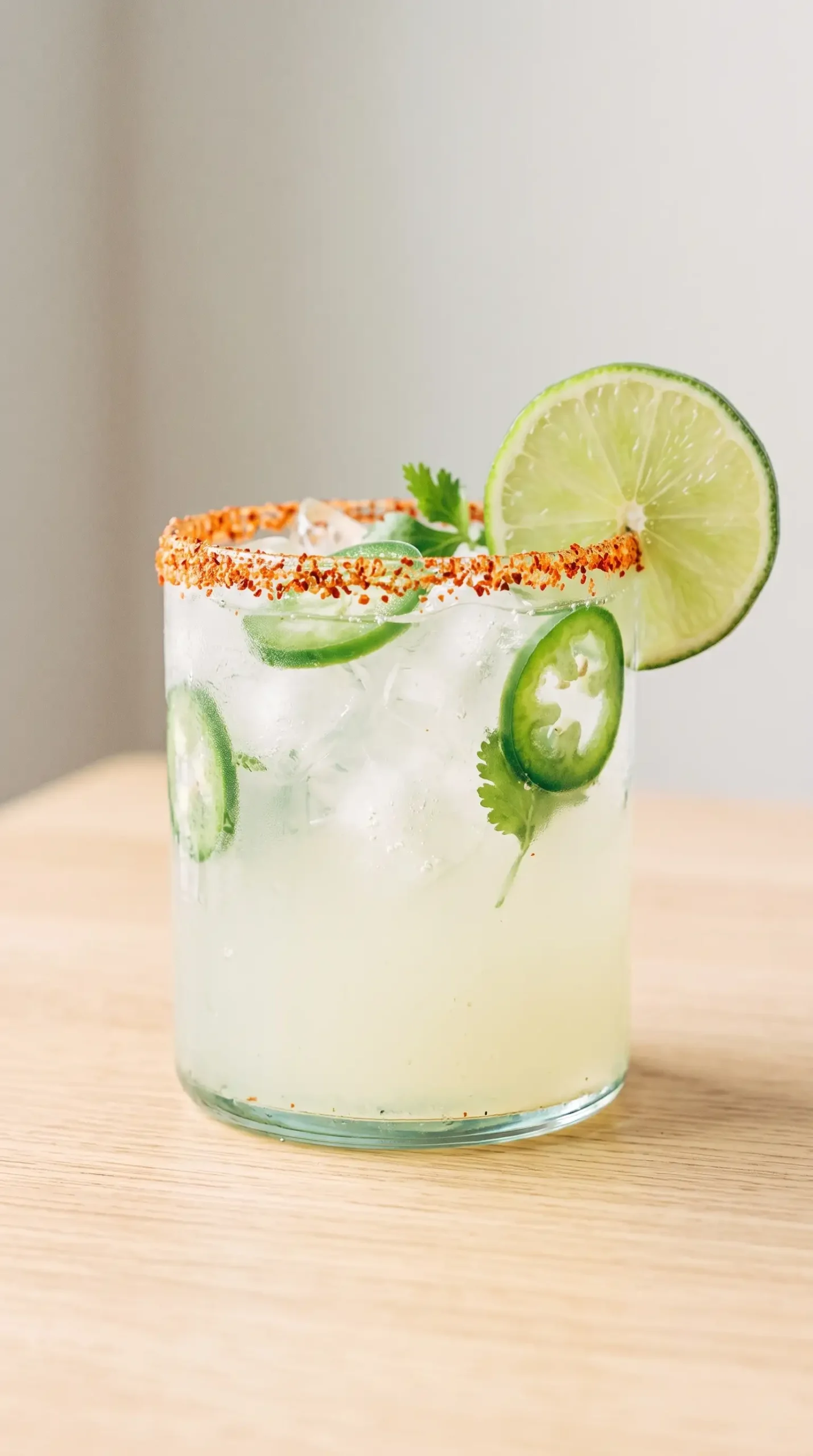 Finished non alcoholic margarita with ice, lime garnish, and cilantro syrup