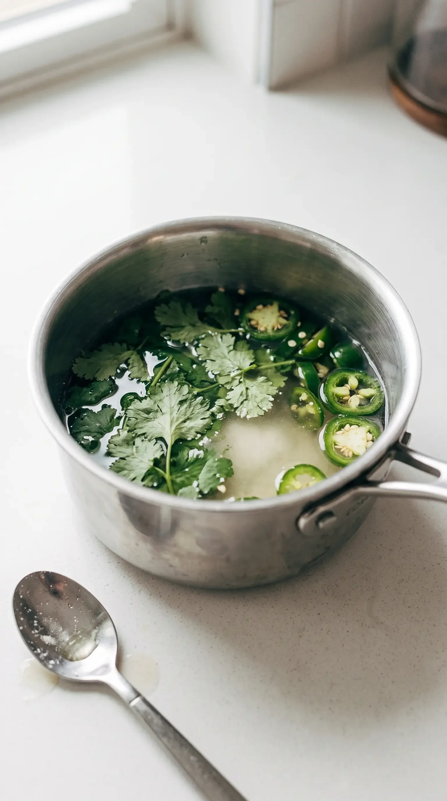 Jalapeño cilantro syrup simmering with herbs and peppers in a saucepan