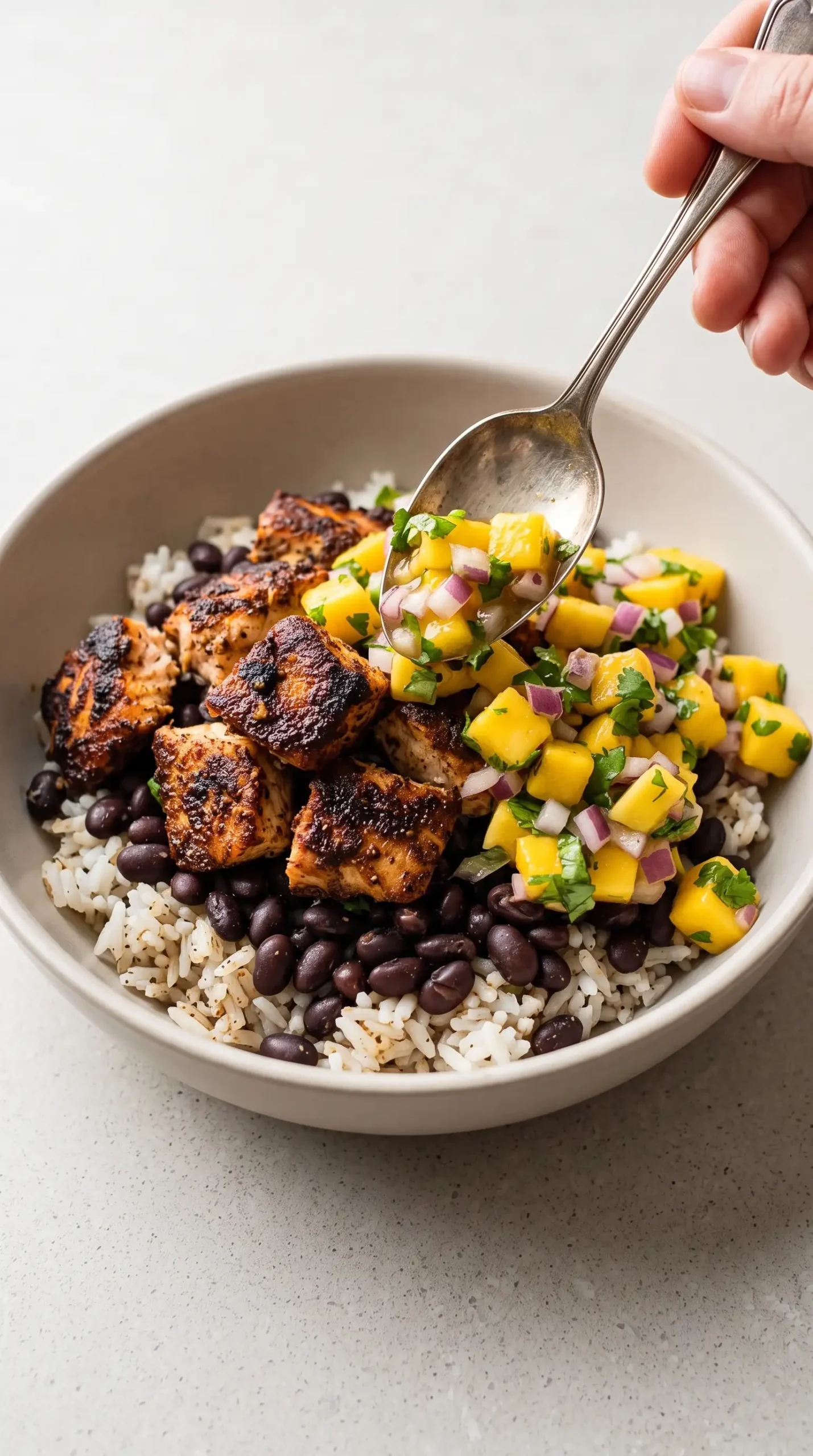 Jerk salmon bowl assembled with rice, black beans, salmon, and mango salsa
