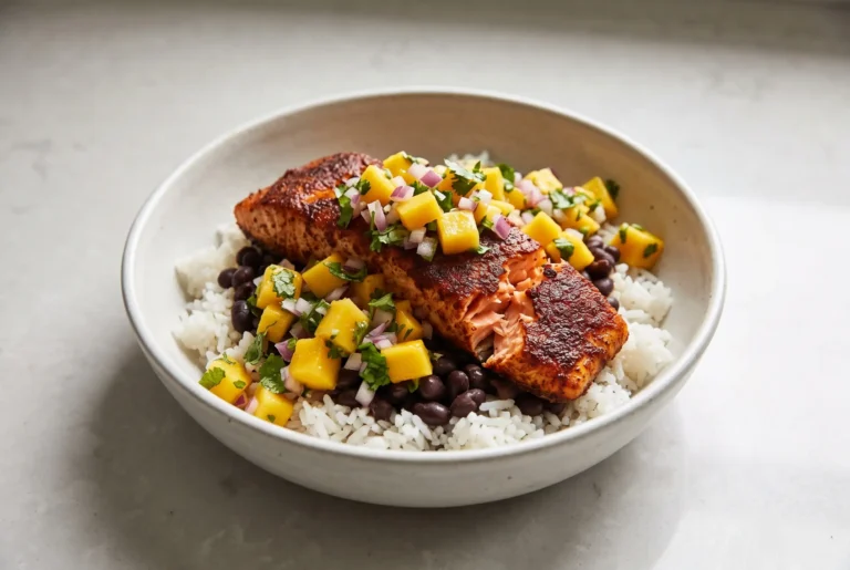 Jerk salmon bowl with mango salsa, rice, and black beans in a ceramic bowl