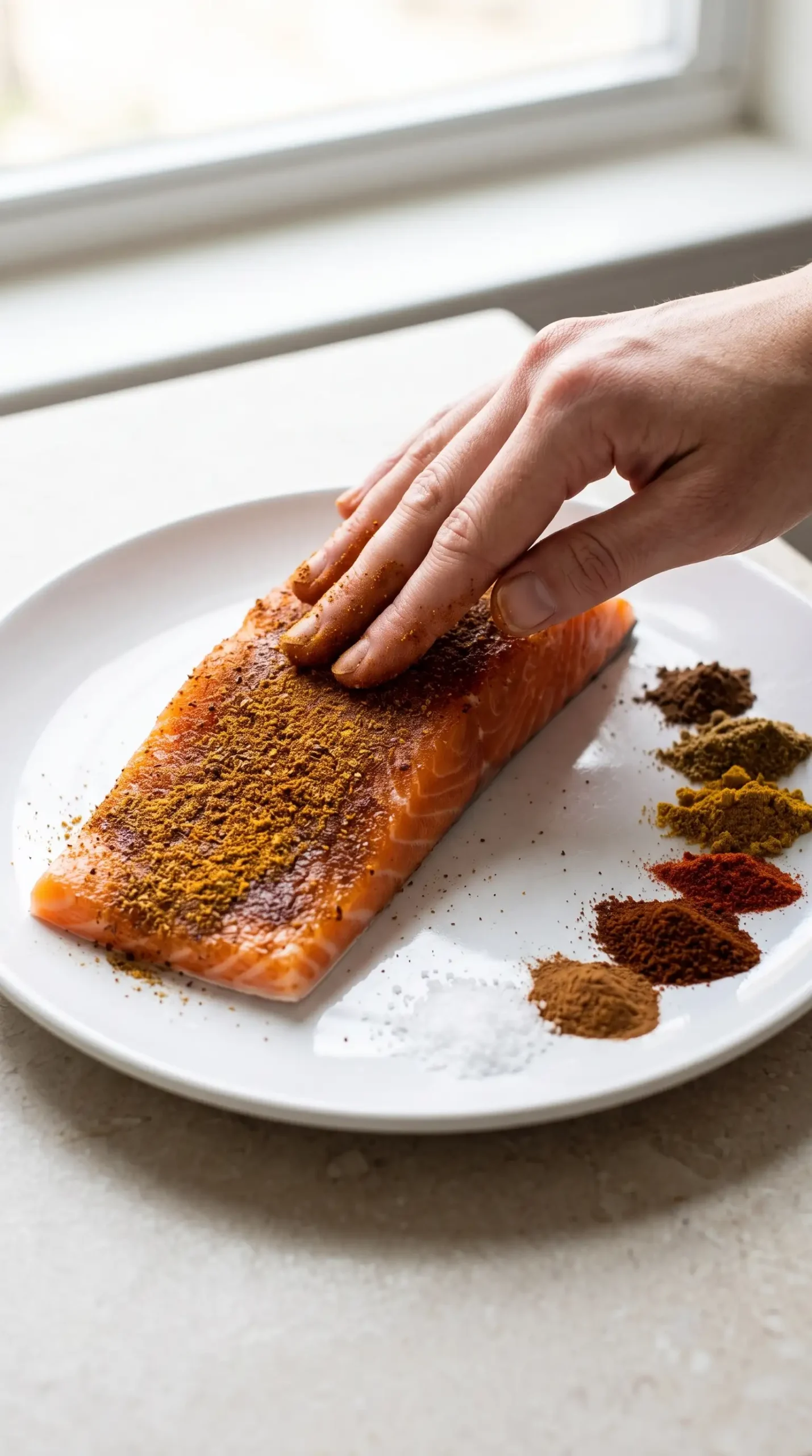 Salmon fillet coated with jerk seasoning spices on a white plate