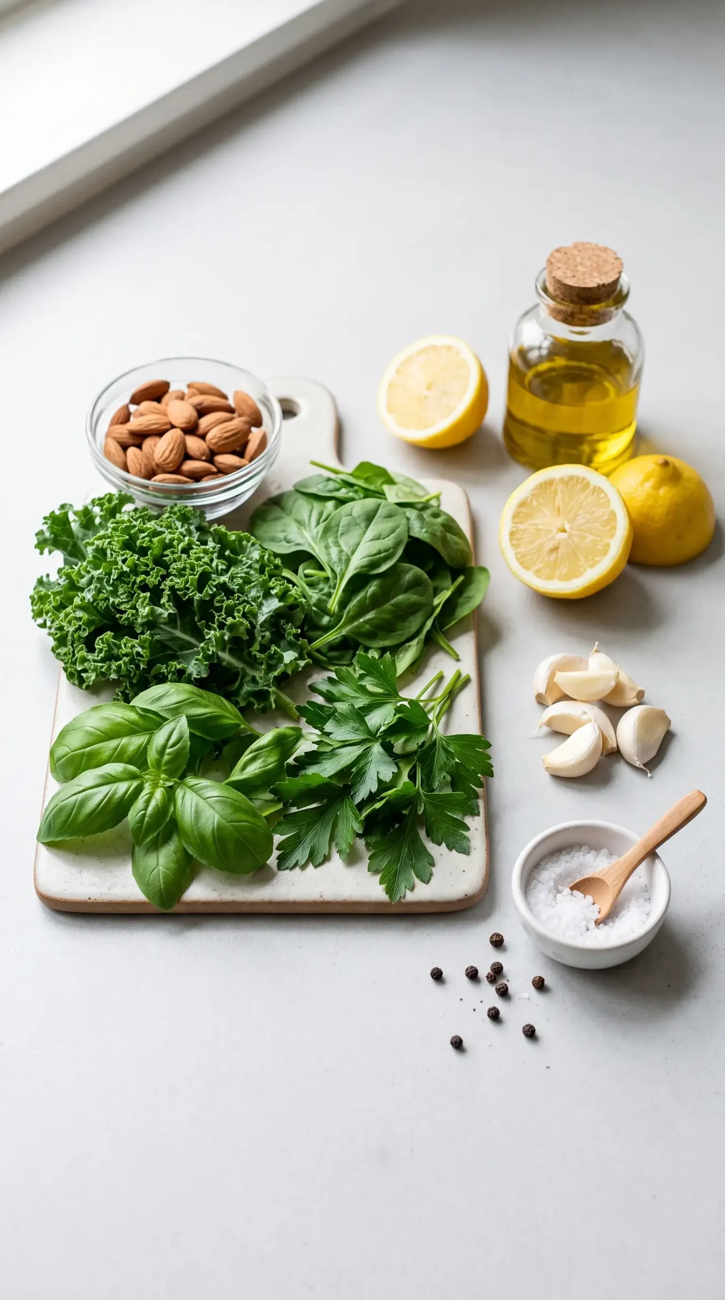 Kale almond pesto ingredients with spinach, basil, parsley, garlic, lemon, and almonds