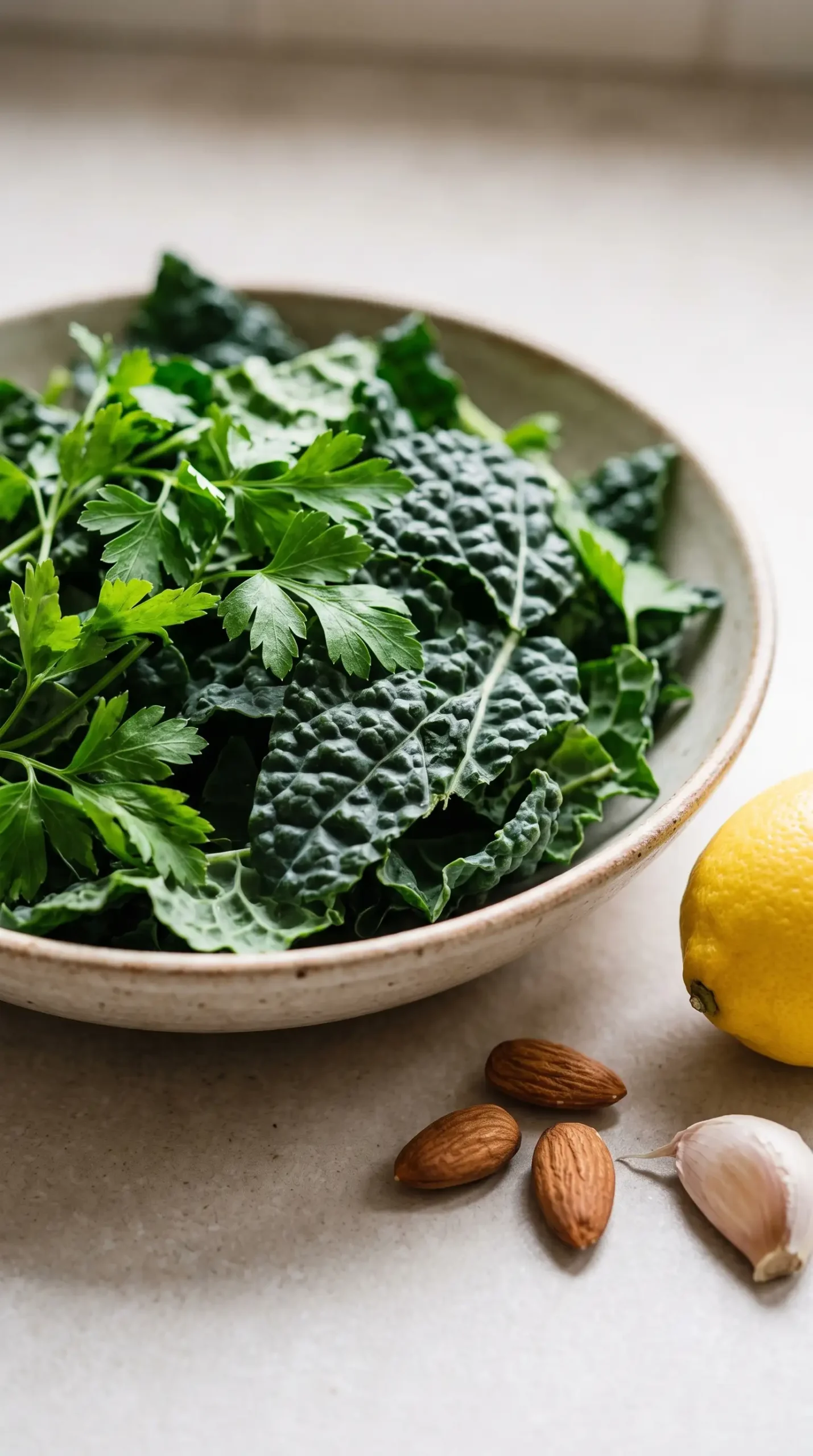 Kale and parsley with almonds, lemon, and garlic for vegan kale pesto