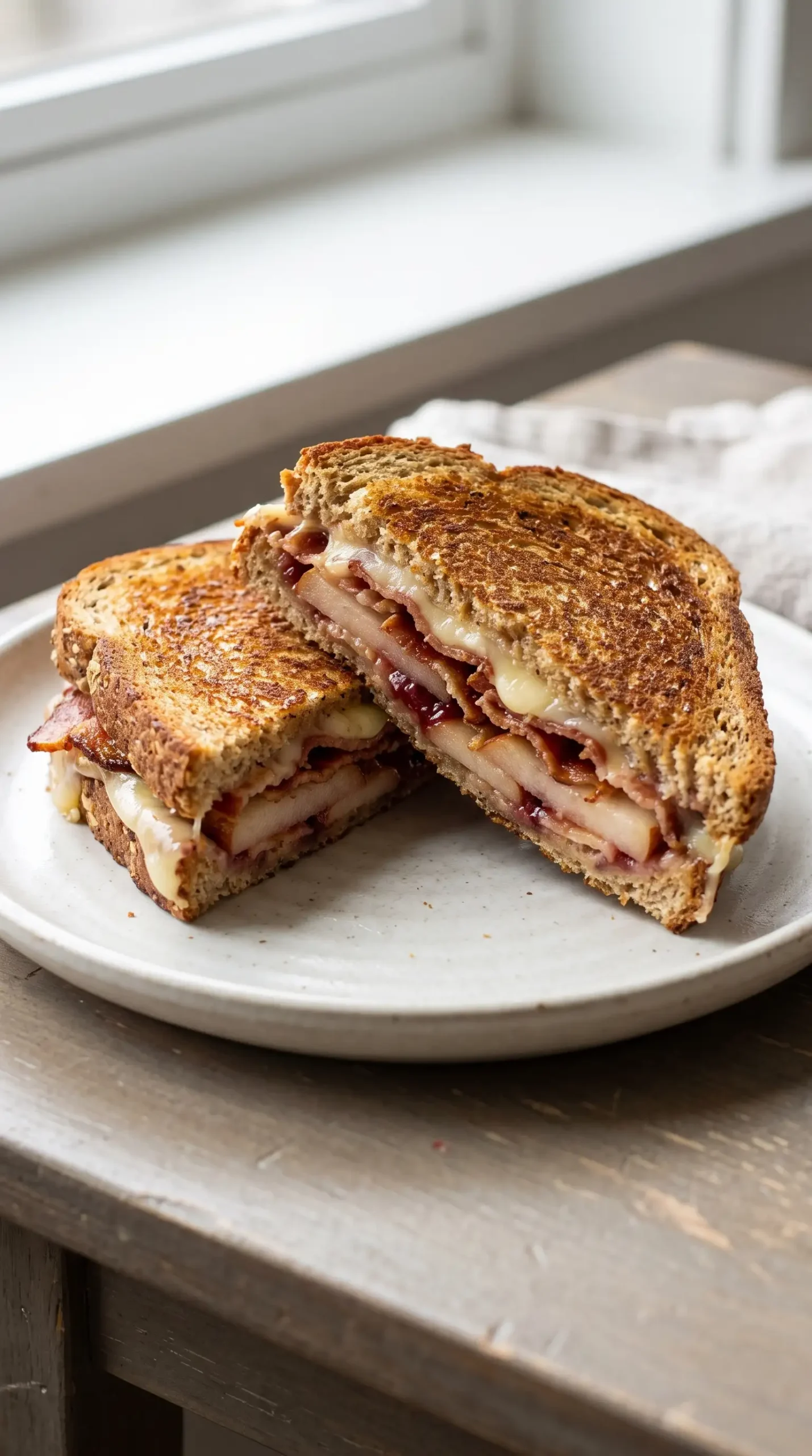 Bacon pear grilled cheese sandwich cut open showing melted cheese, bacon, pear, and preserves