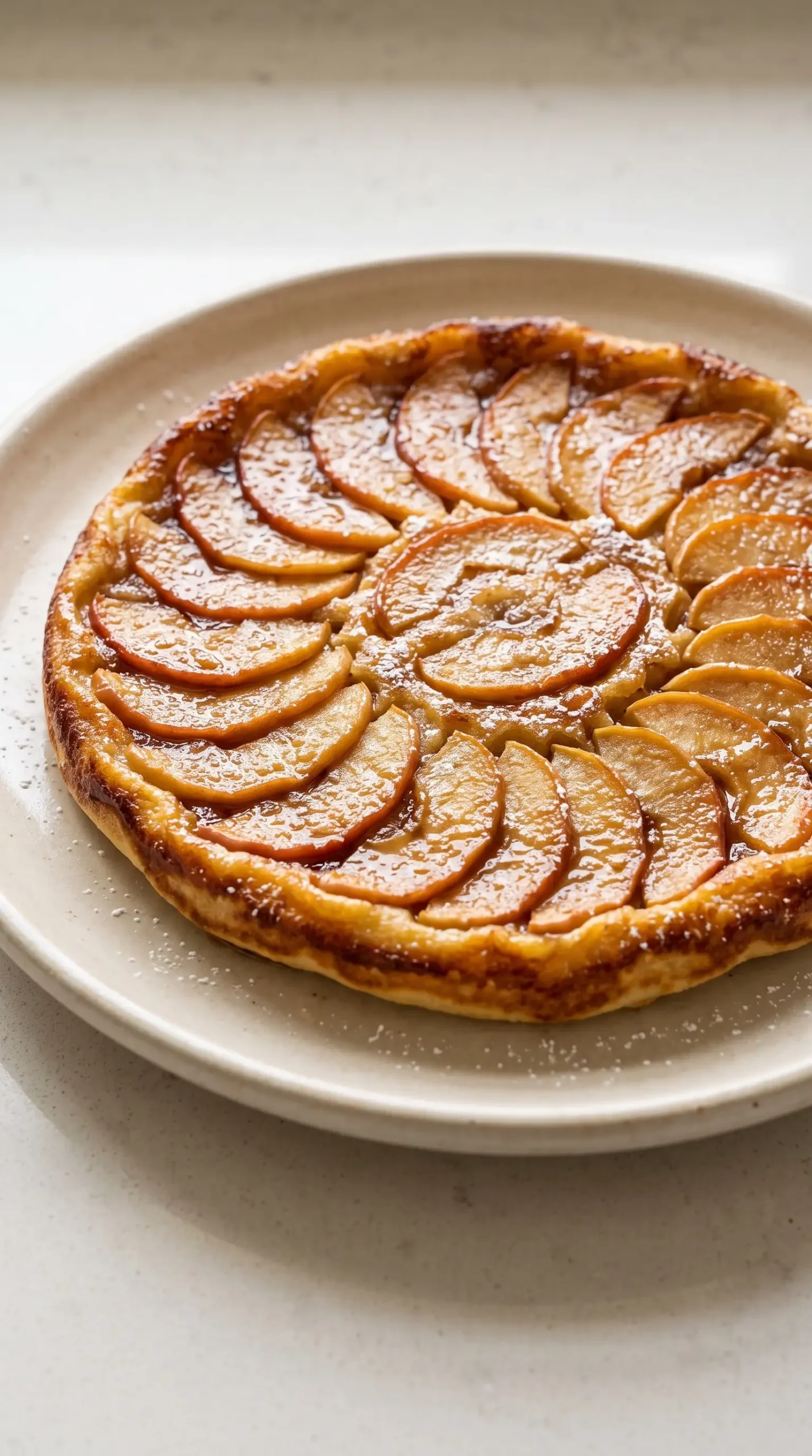 Inverted baked apple pancake showing caramelized apple slices and golden browned surface