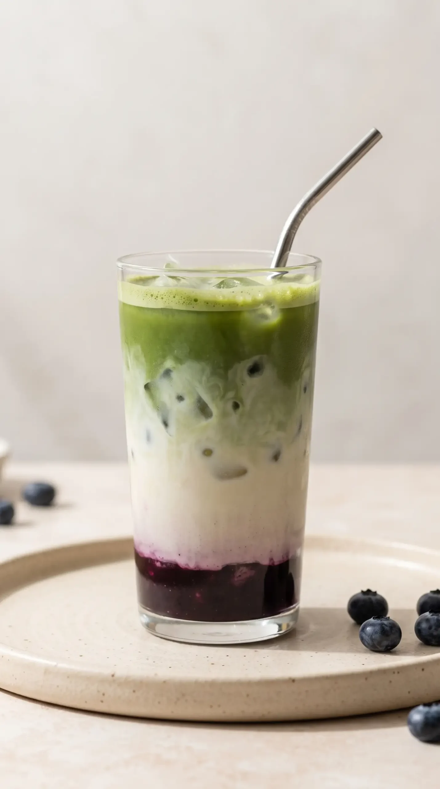 Layered blueberry matcha latte with purple syrup, oat milk, green matcha, and ice in a glass