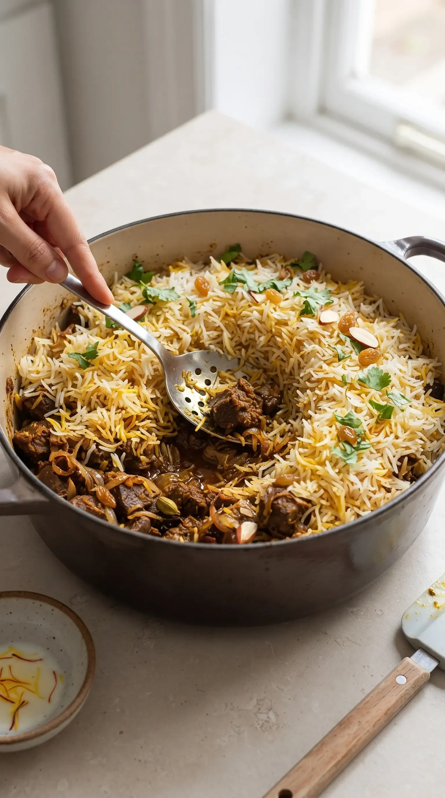 Partially cooked basmati rice layered over spiced beef in a pan for biryani