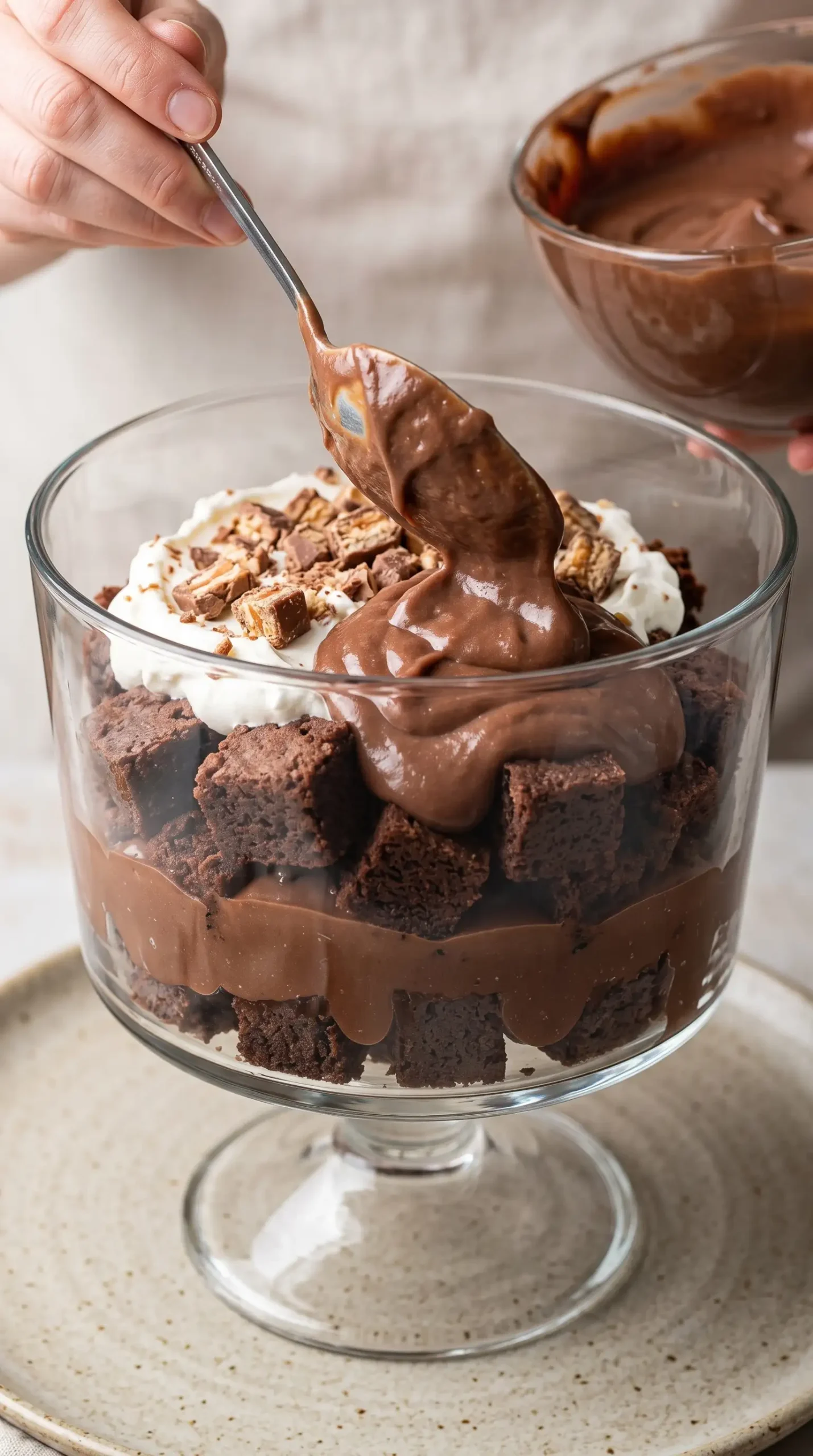 Glass dish being layered with brownie cubes, chocolate pudding, whipped cream, and candy