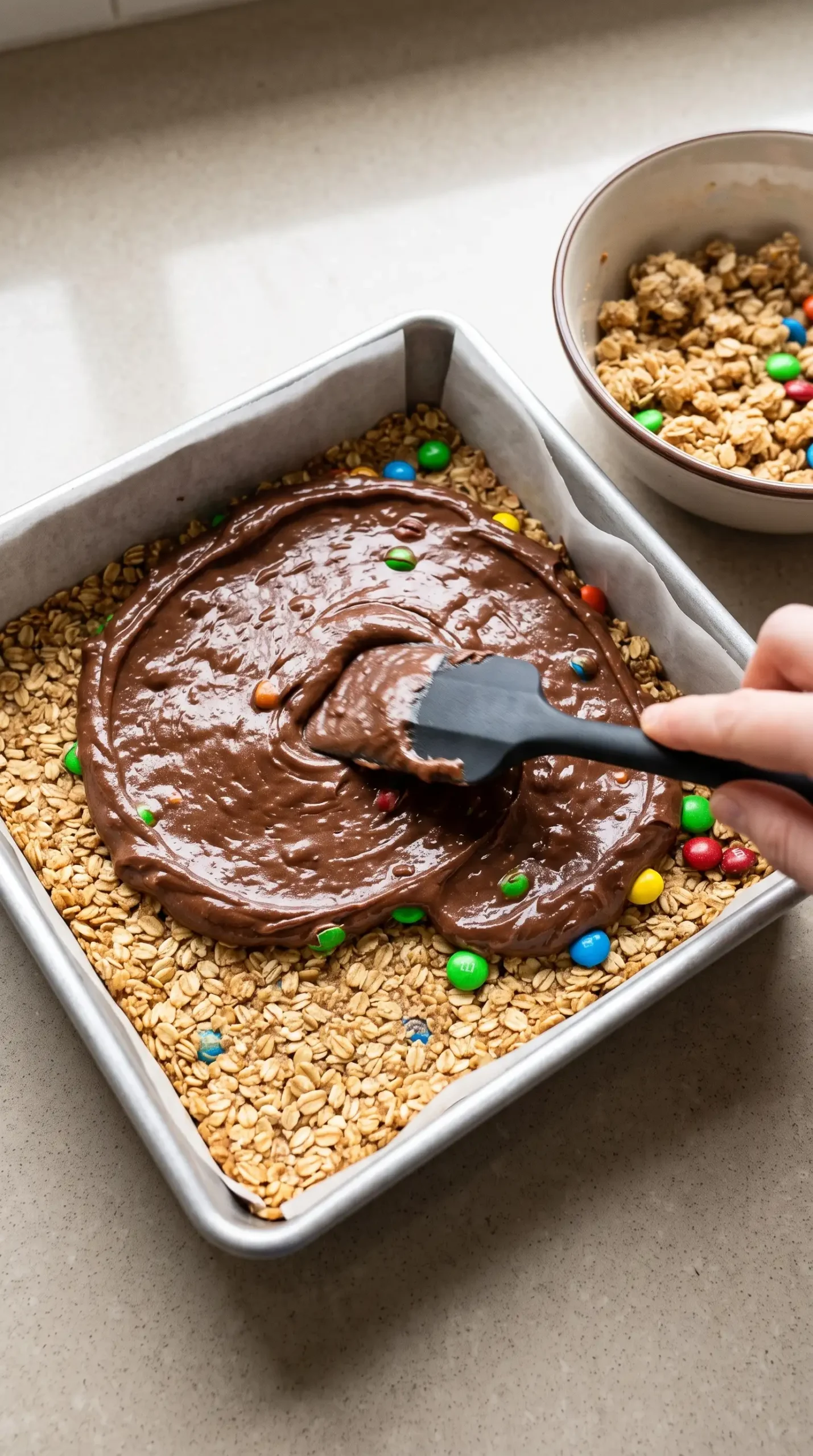 Oatmeal base layered with chocolate fudge mixture in a baking pan