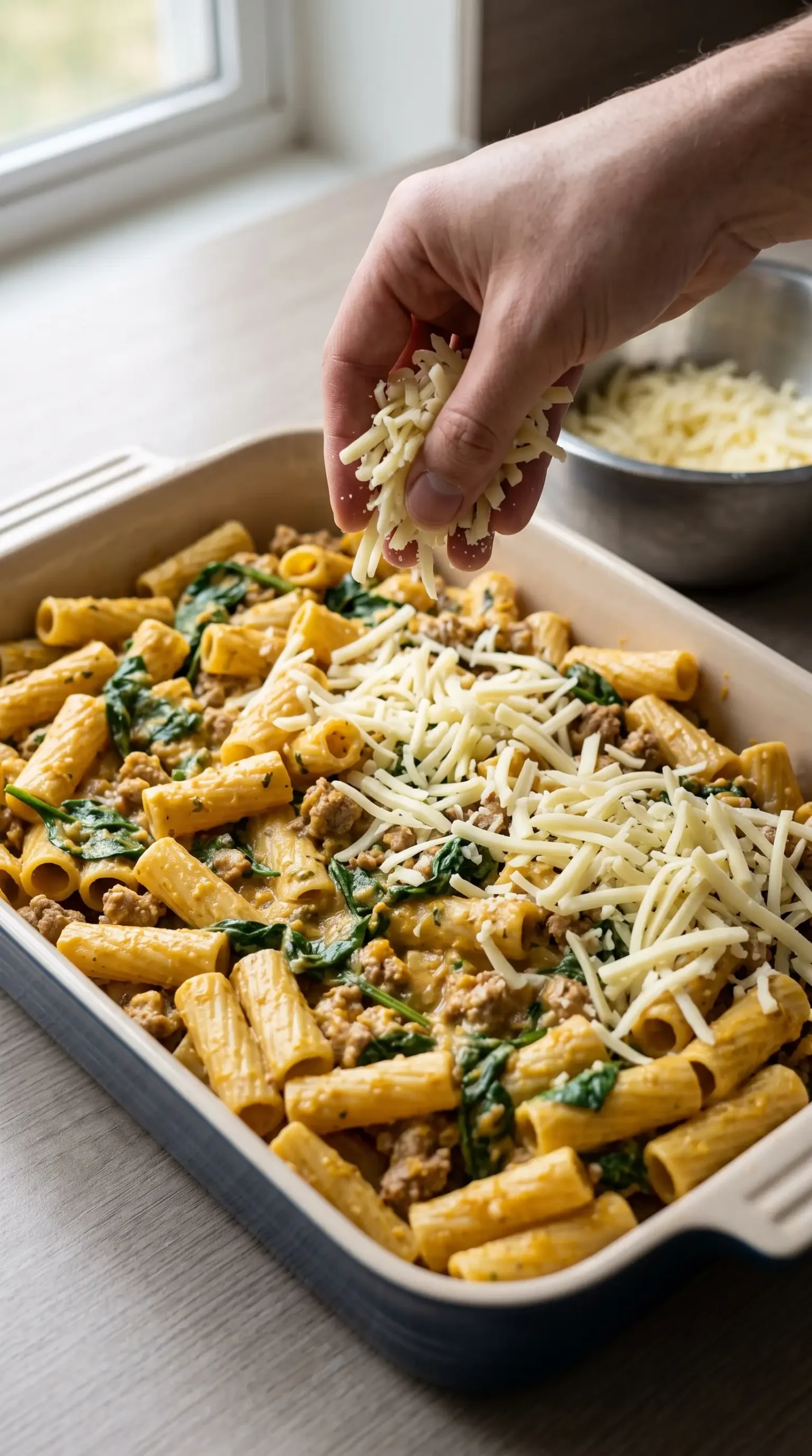 Adding grated Provolone cheese between layers of sauced rigatoni in a baking dish