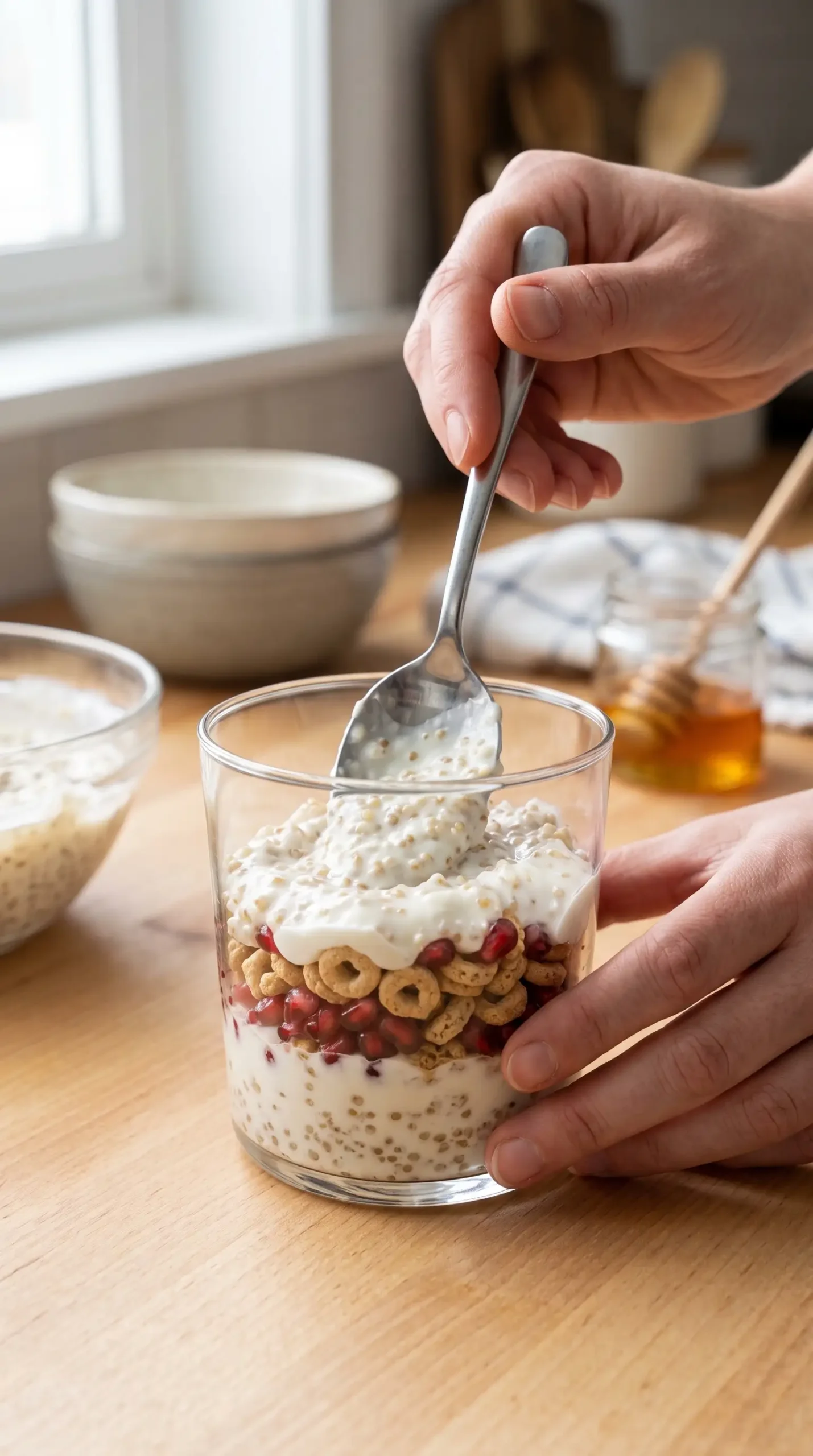 Layering Greek yogurt, quinoa, cereal, and pomegranate in a glass parfait