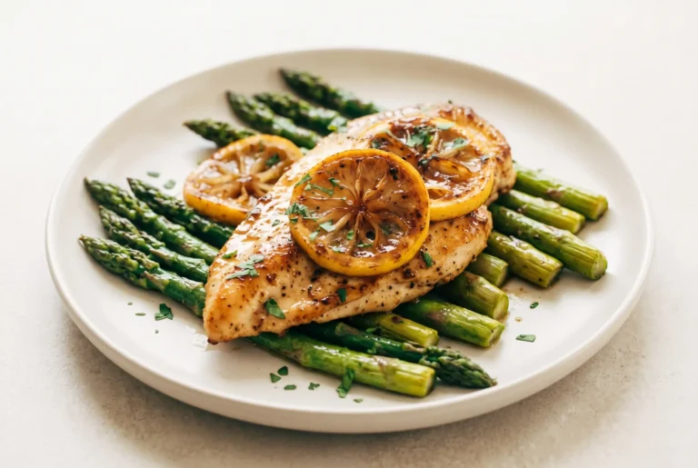 Lemon chicken with asparagus, browned lemon slices, and butter on a ceramic plate