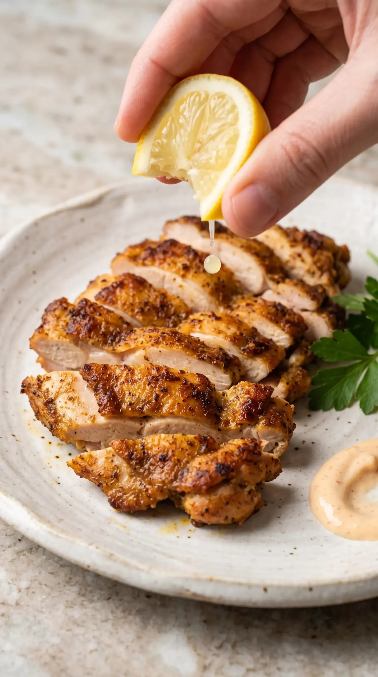 Sliced air fryer chicken thighs served with a fresh lemon finish