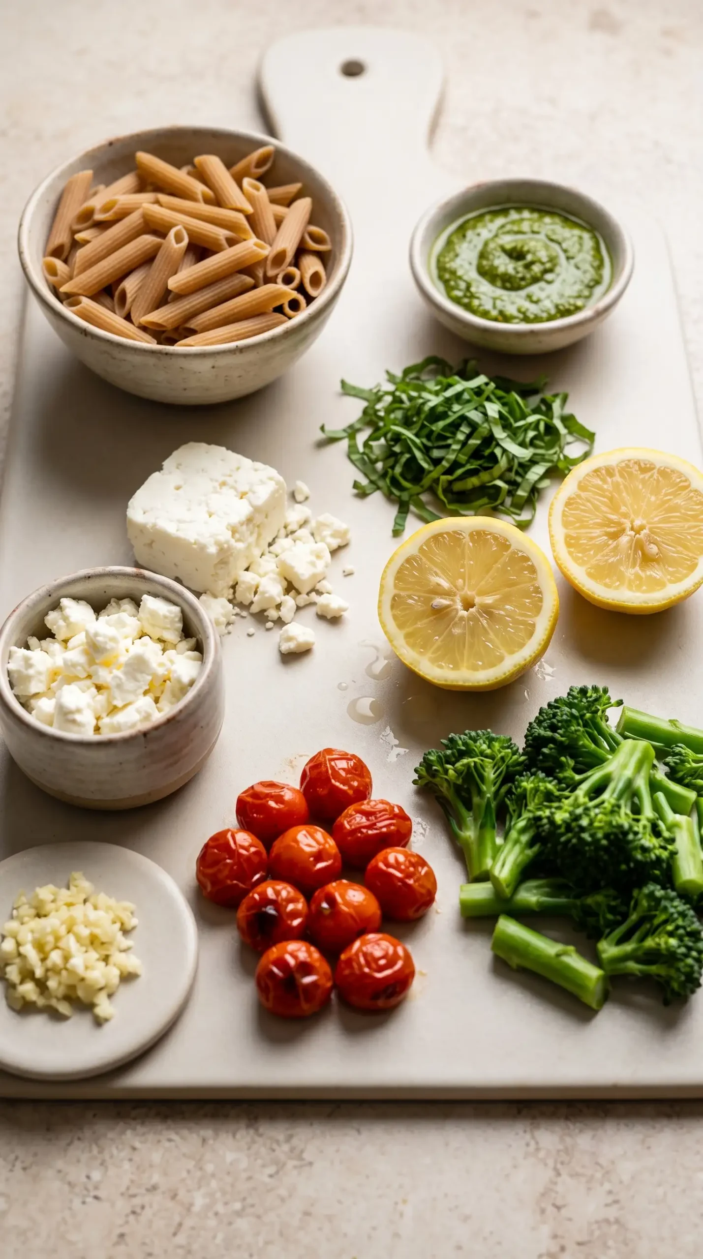 Ingredients for lemon pesto penne with pasta, basil, lemon, pesto, tomatoes, broccoli, and feta