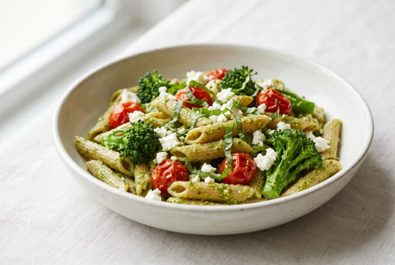 Lemon pesto penne with roasted tomatoes, baby broccoli, feta, and basil in a ceramic bowl