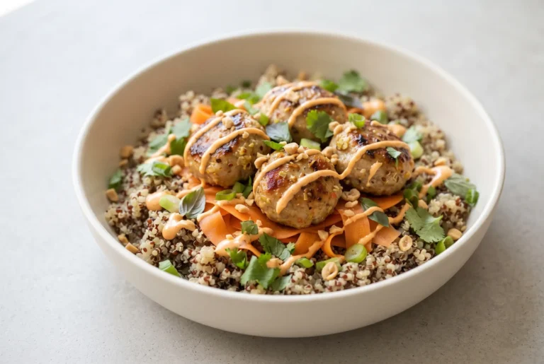 Lemongrass meatball bowl with quinoa, pickled carrots, herbs, peanuts, and spicy mayo