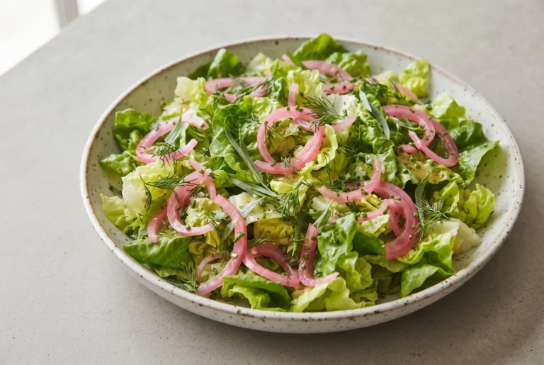 Bistro salad with romaine, butter lettuce, pickled onions, and fresh herbs in a bowl