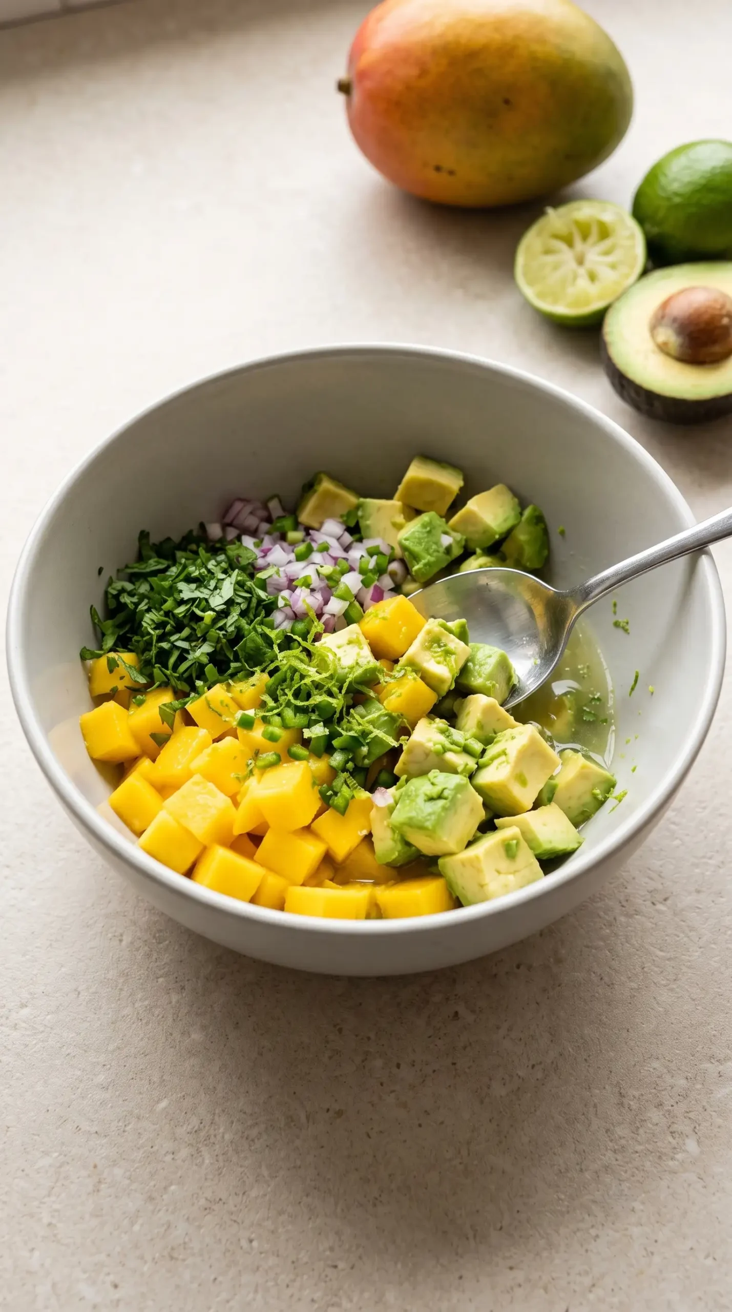 Mango avocado salsa with diced mango, avocado, cilantro, red onion, and jalapeno