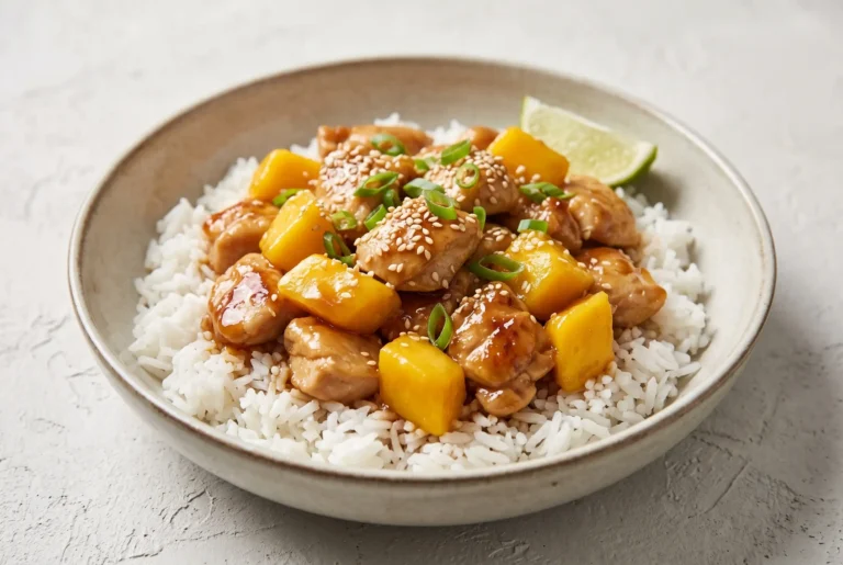 Mango chicken teriyaki with sesame seeds, mango chunks, chicken pieces, and rice in a ceramic bowl