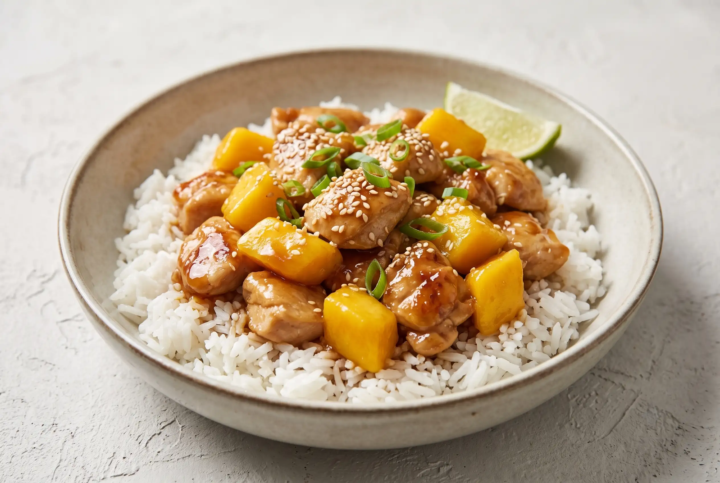 Mango chicken teriyaki with sesame seeds, mango chunks, chicken pieces, and rice in a ceramic bowl