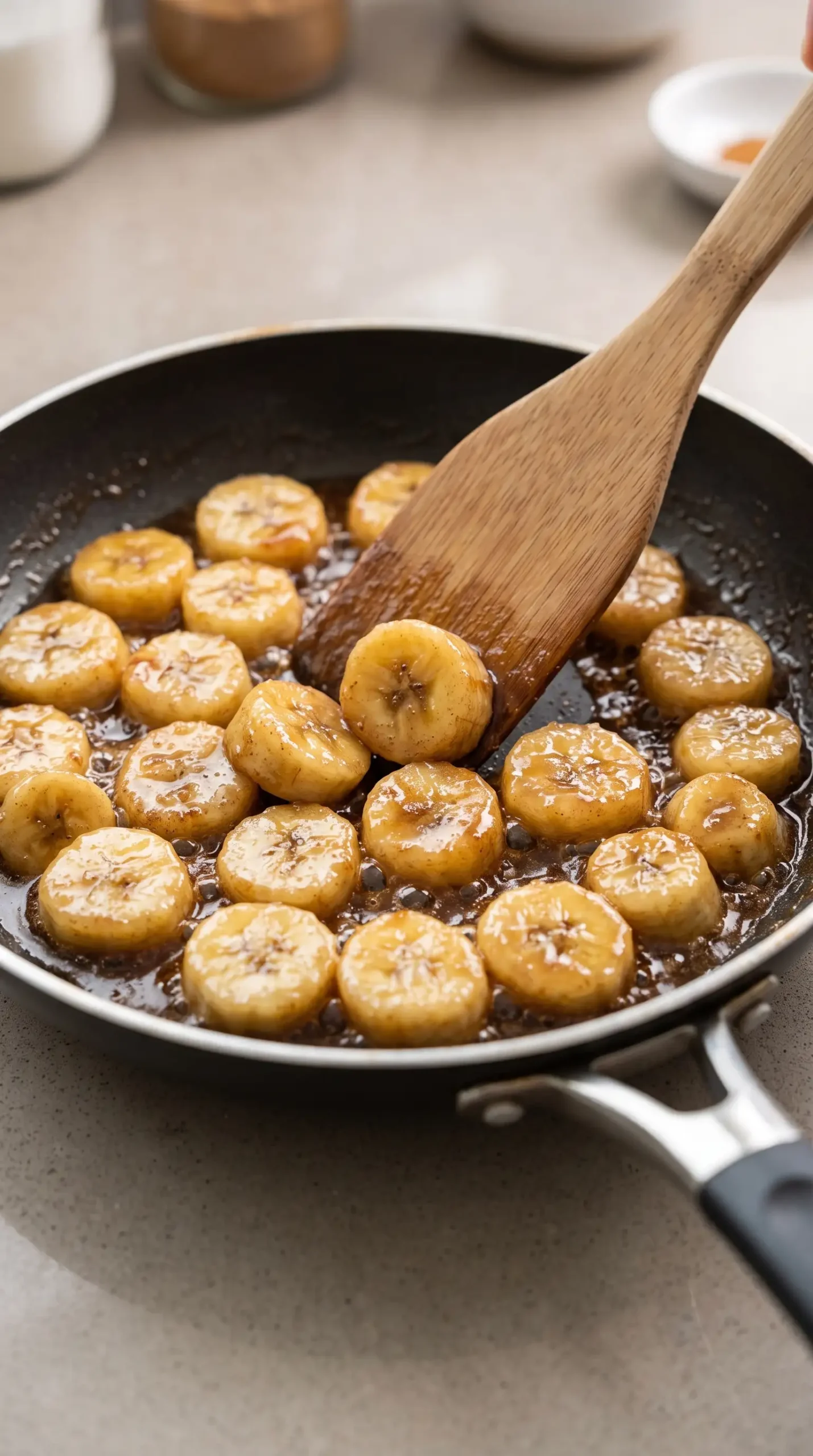 Banana slices simmering in maple syrup, cinnamon, and vanilla sauce in a skillet