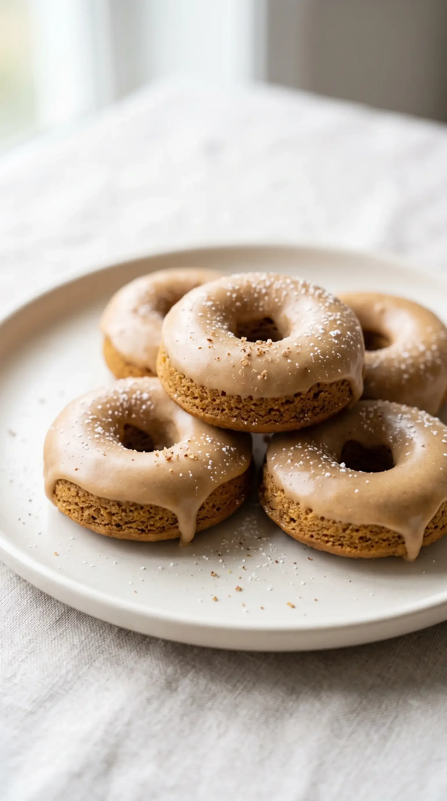 Baked gingerbread mini donuts with smooth maple glaze on a plate
