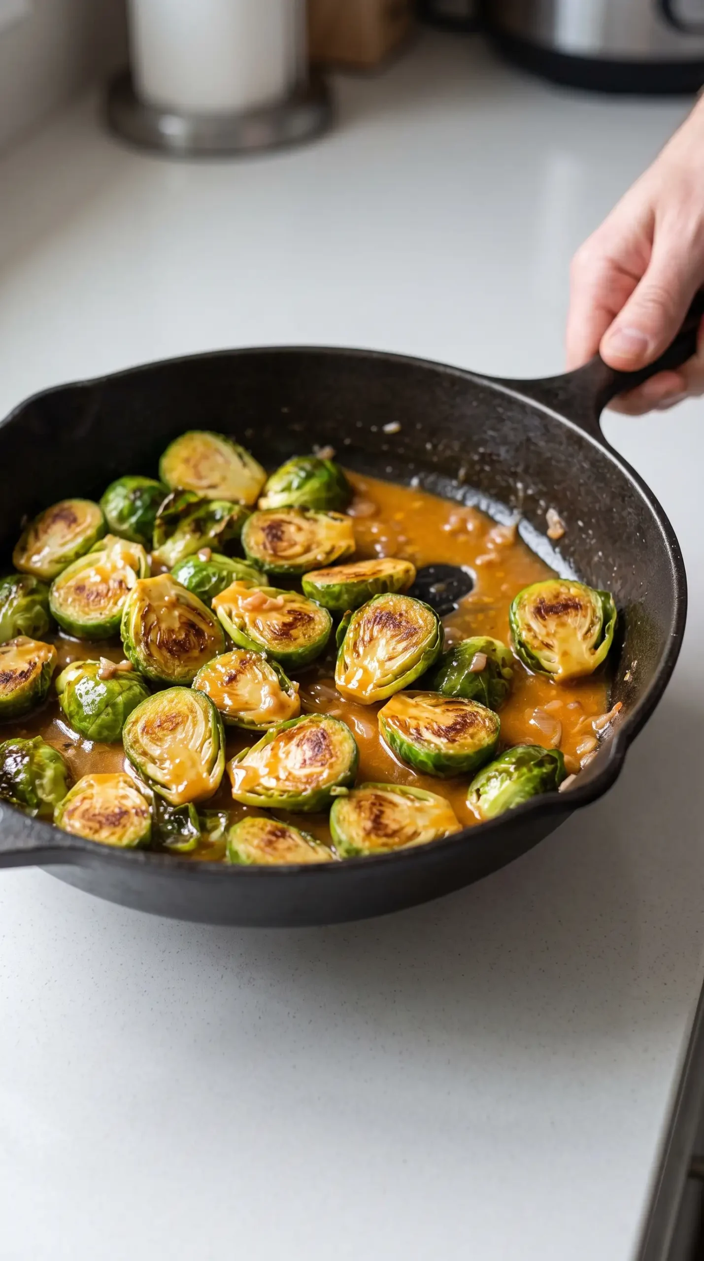 Brussels sprouts caramelizing in a skillet with maple orange sauce coating the vegetables