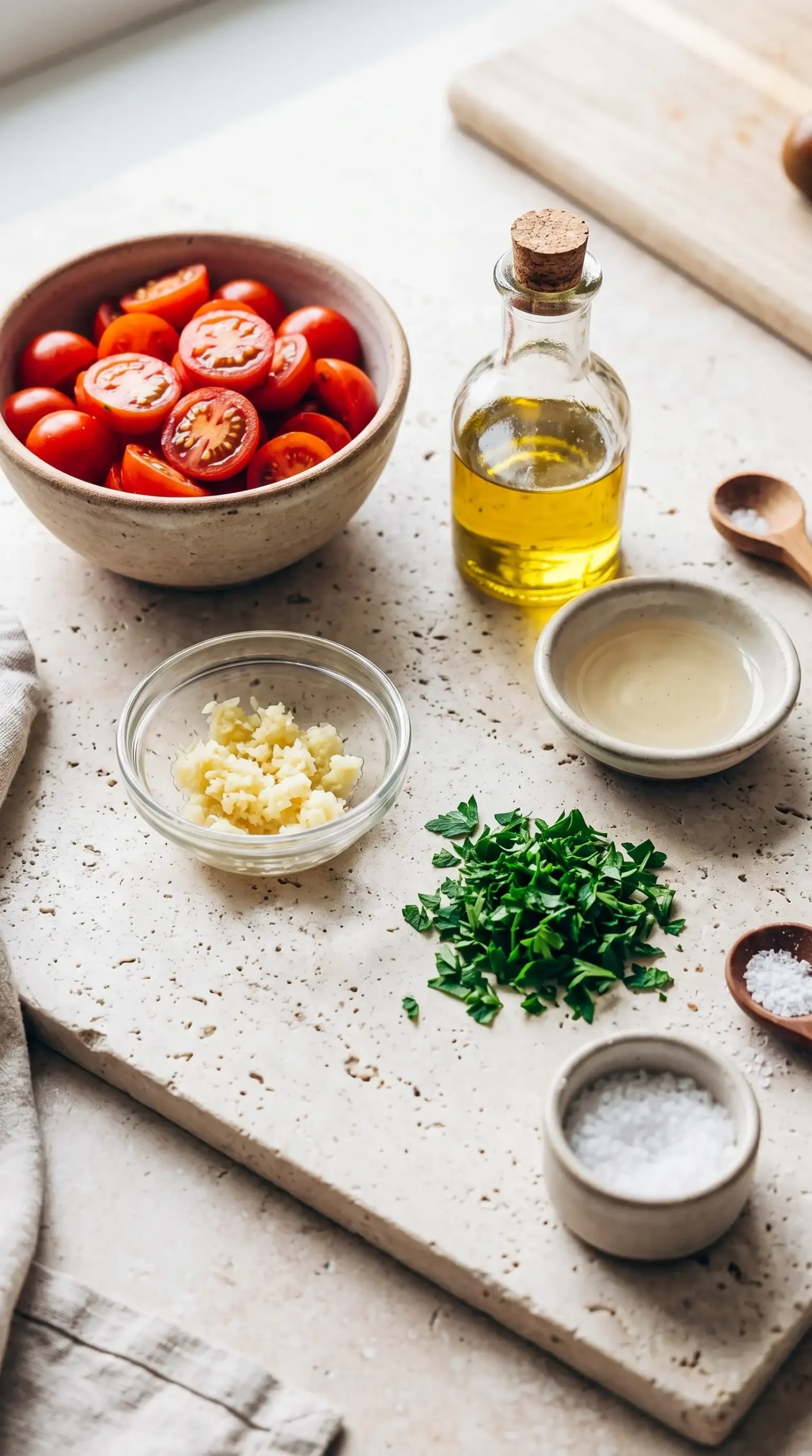 Cherry tomatoes, garlic, olive oil, parsley and seasonings for marinating