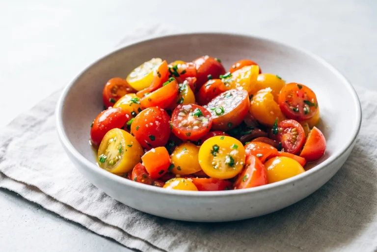 Marinated tomatoes with garlic, olive oil and herbs in a serving bowl
