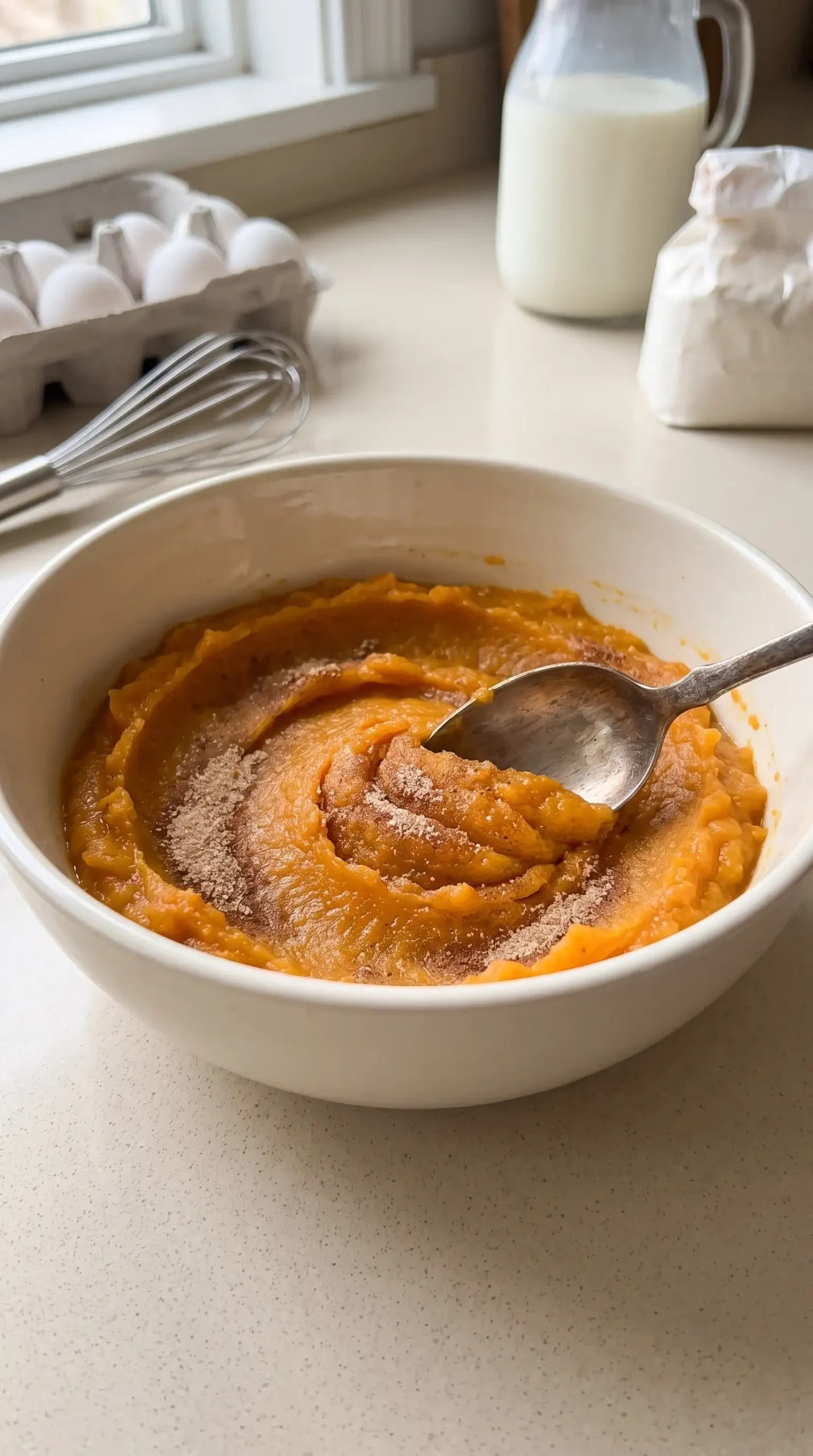 Mashed cinnamon-coated butternut squash prepared for pancake batter