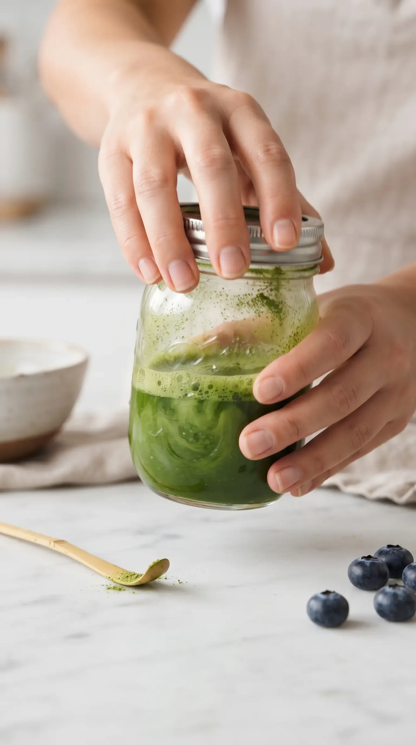Matcha powder and warm water shaken in a jar to create a smooth green latte mixture